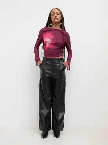 Faux Leather Solid High Waist  Wide Leg Trousers