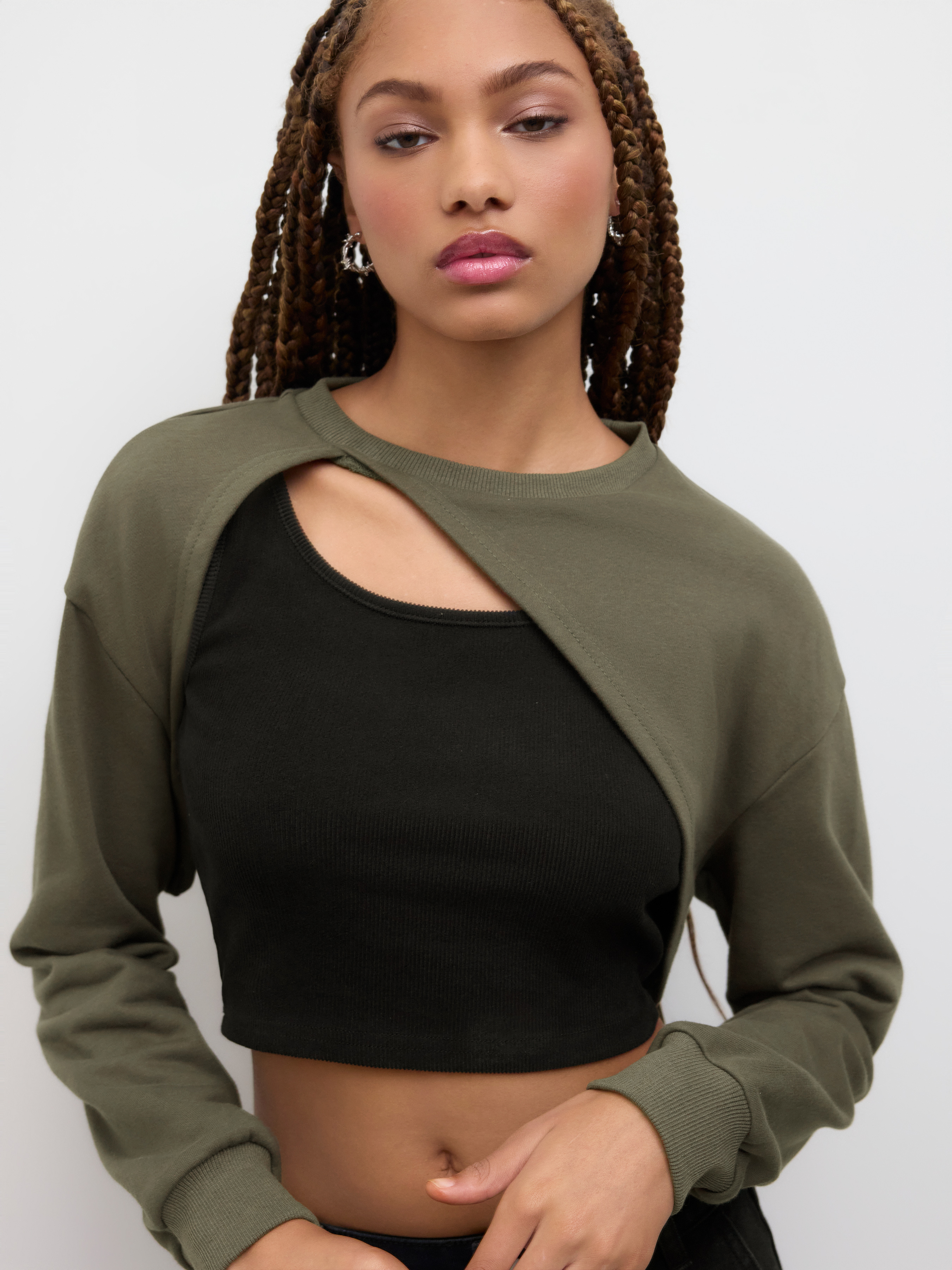 Terry Terry Round Neck Vest & Crop Sweatshirt For Daily Casual