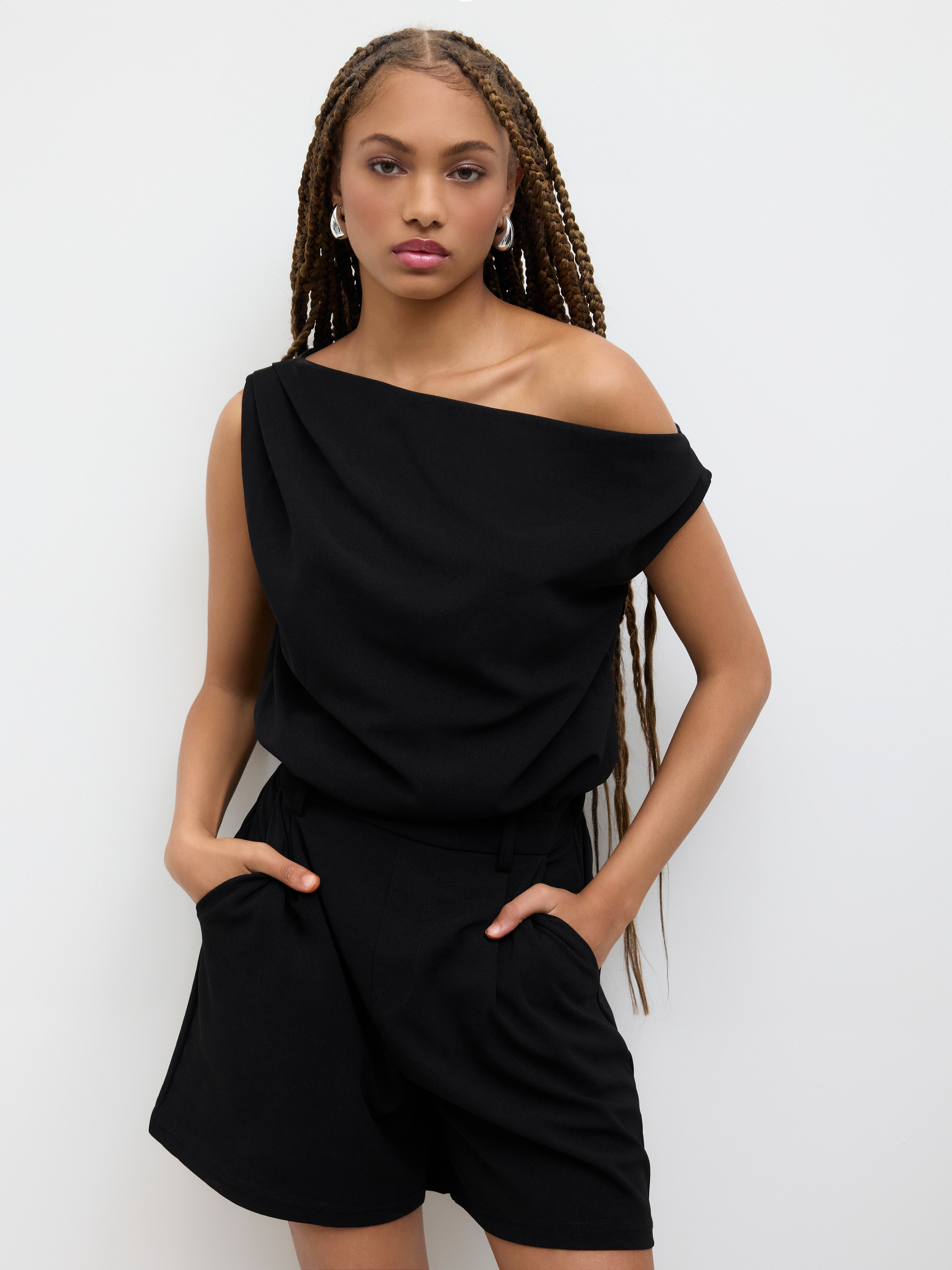 Knit Fabric Asymmetrical Neck Solid Pleated Romper For Daily