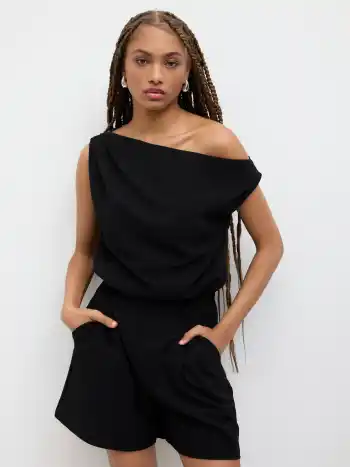 Asymmetrical Neck Solid Pleated Romper