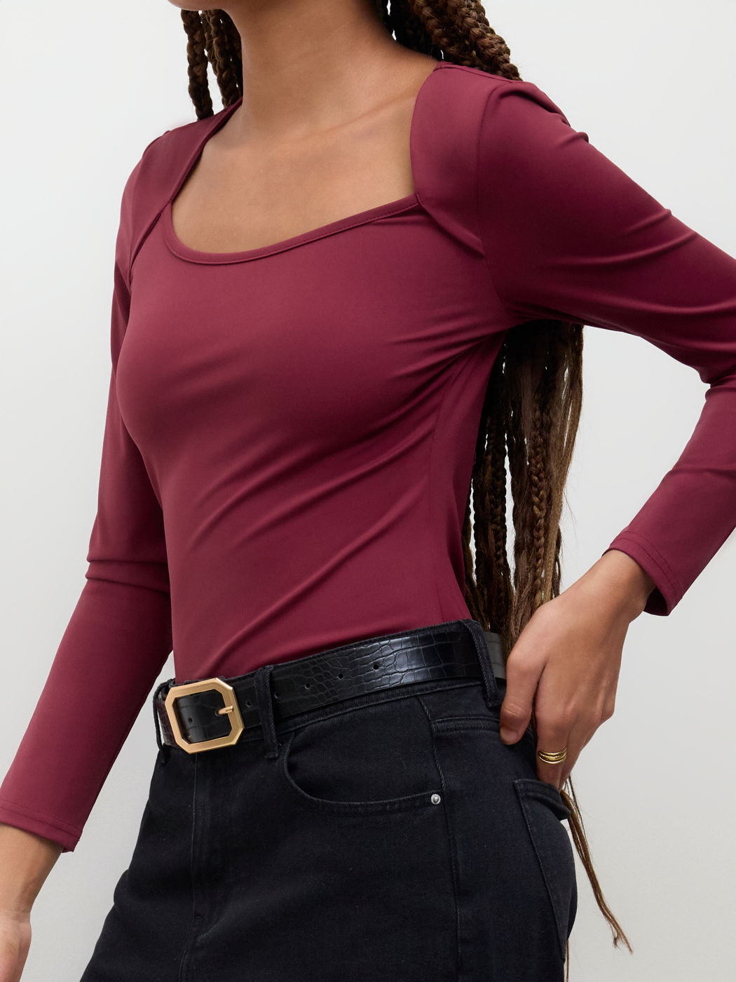 Square Neck Solid Long Sleeve Bodysuit