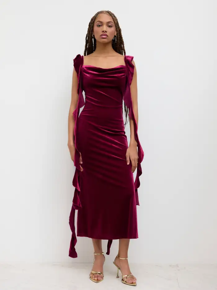 Christmas Party Dress For Party New Years Holiday Dress Valentine Velvet  Velvet Cowl Neck Solid Ruffle Hem Maxi Dress For Date Wedding