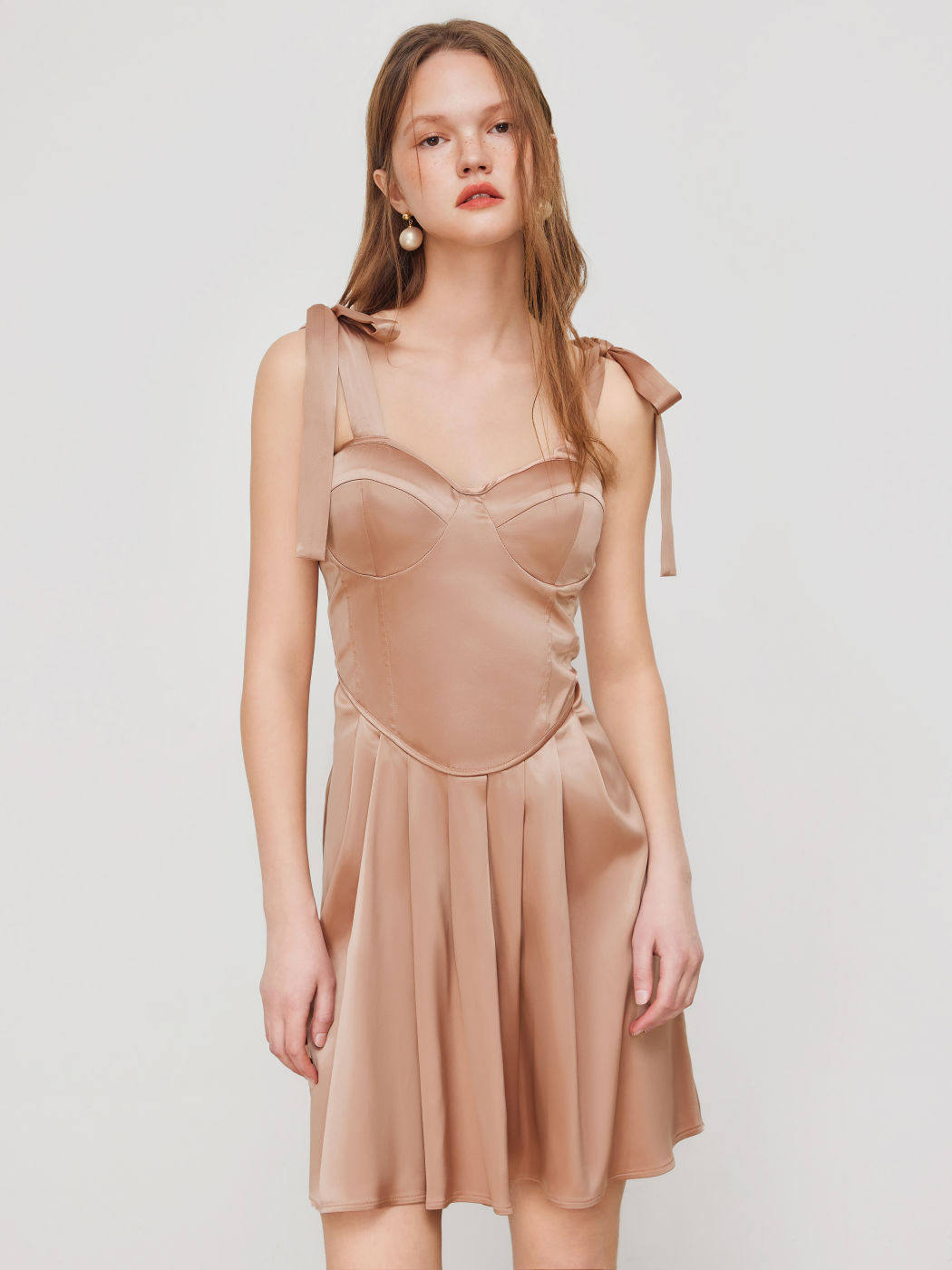 Satin Sweetheart Knotted Pleated Mini Dress