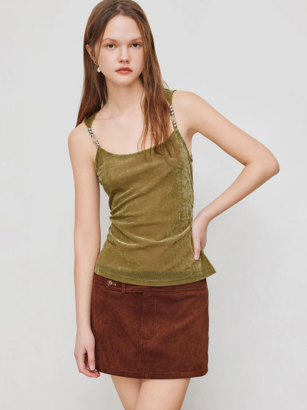 Velvet U-neckline Beaded Detail Cami Top 