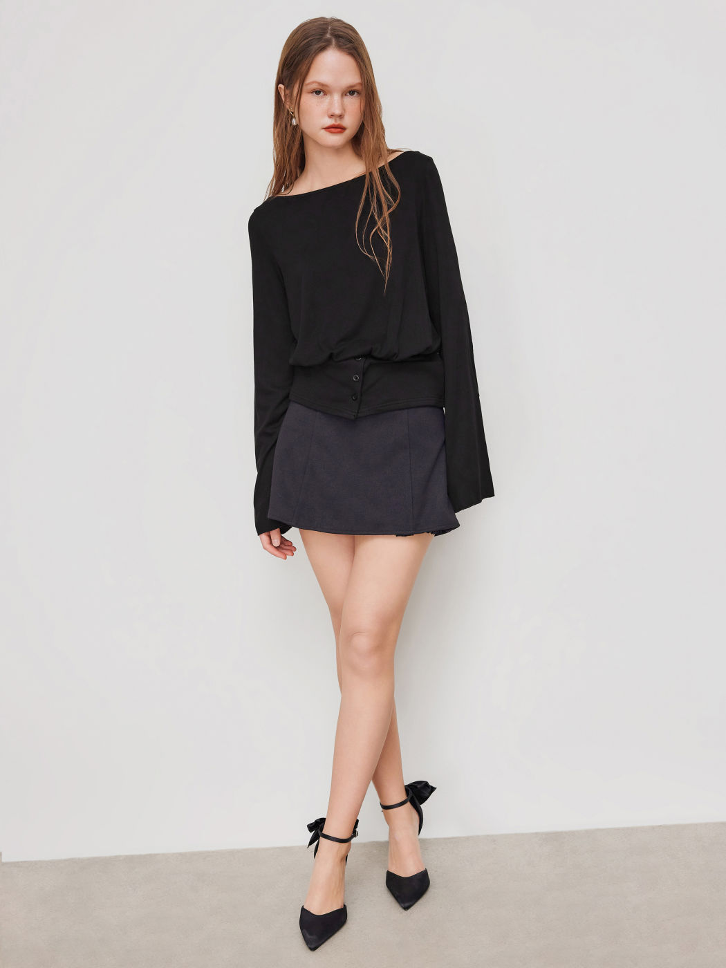 Round Neckline Button Bell Sleeve Oversized Top