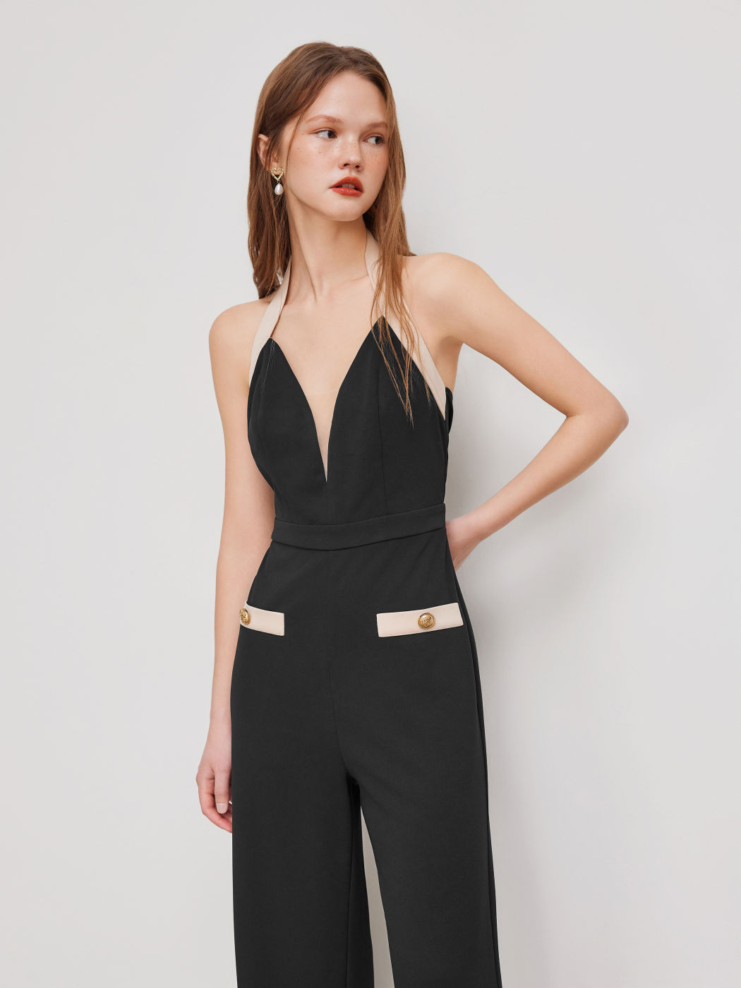 Halter Neckline Two Tone Wide Leg Jumpsuit