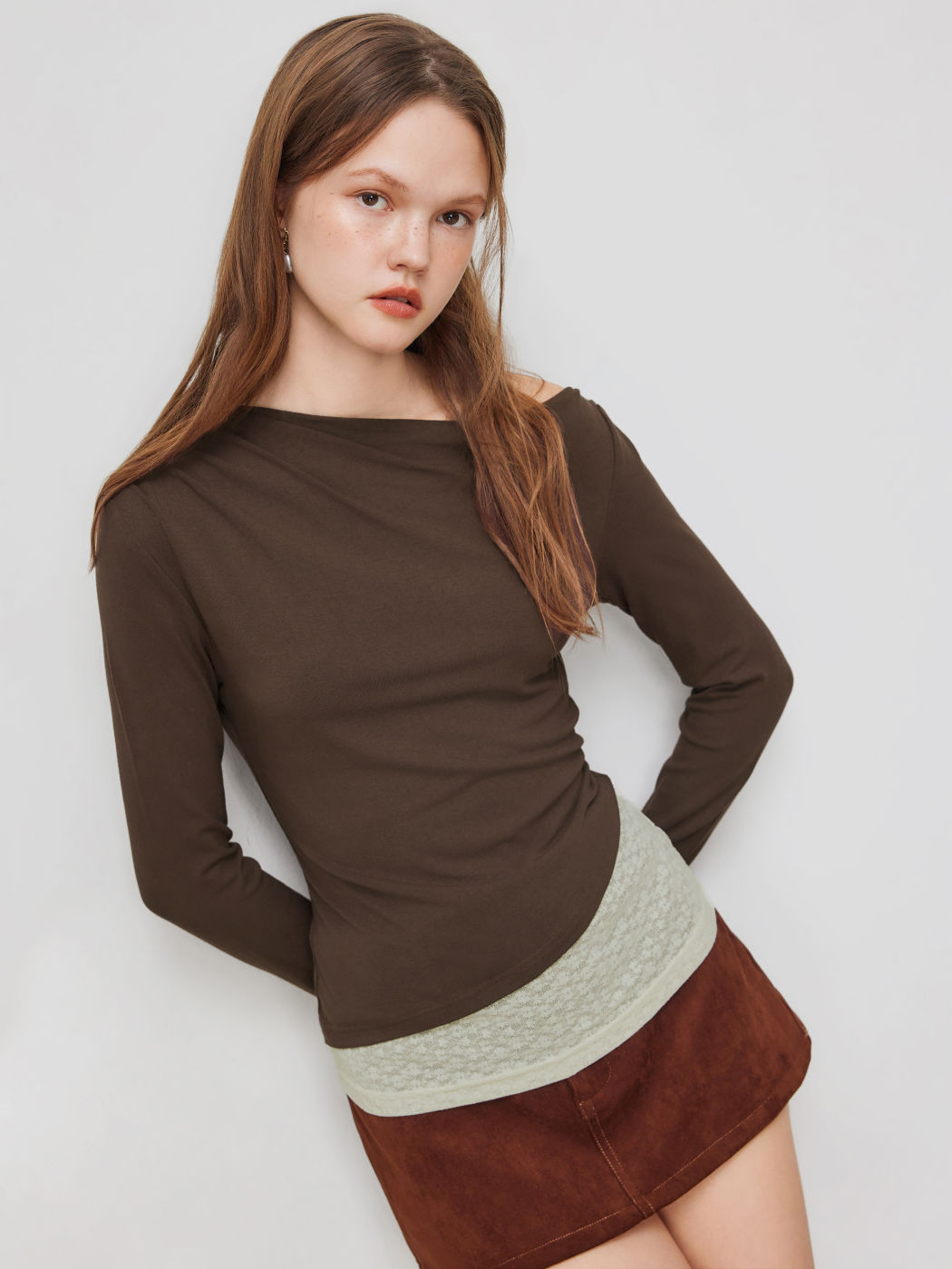 Boat Neck Floral Two Tone Long Sleeve Top