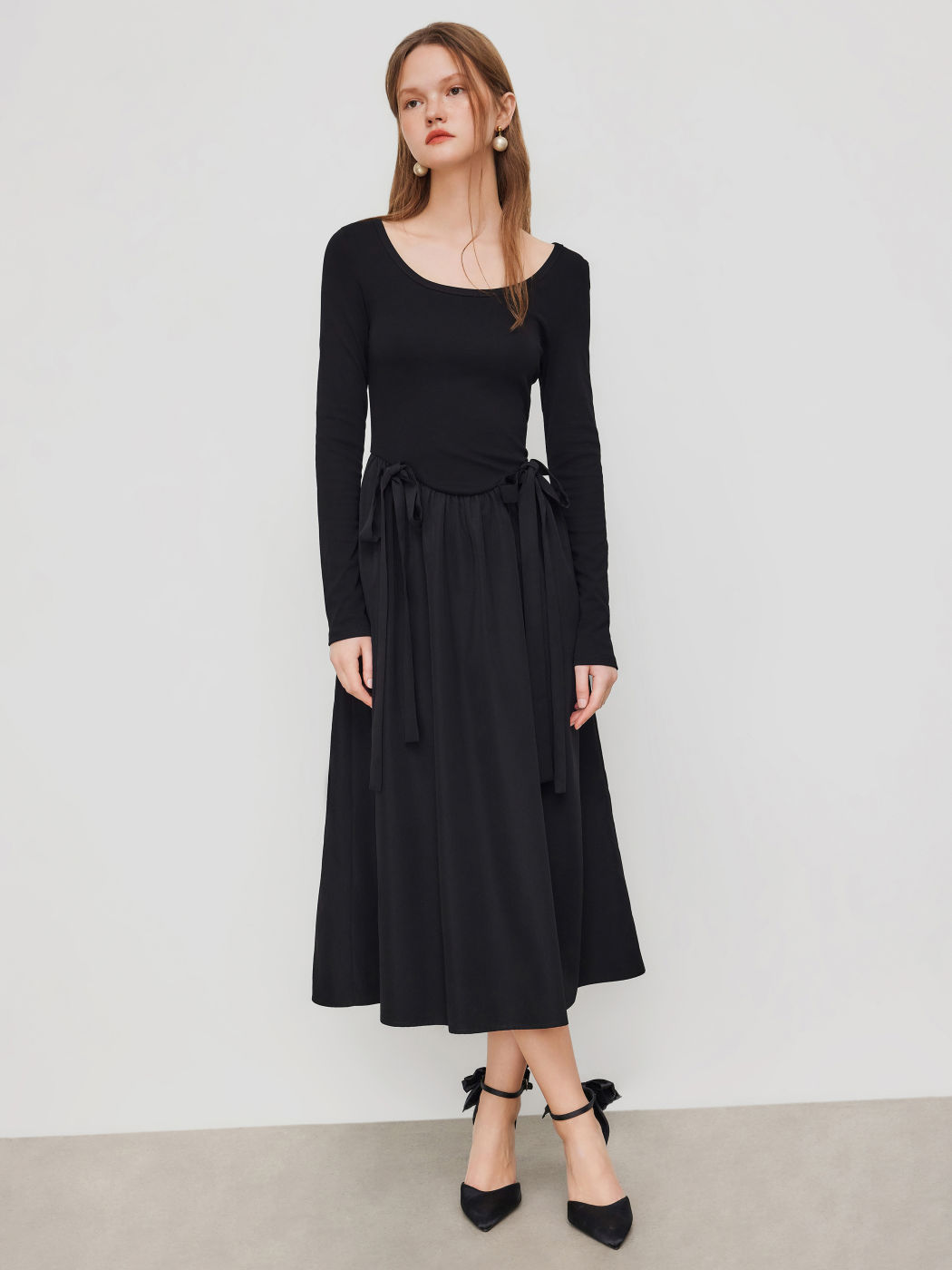 Cotton-blend Round Neckline Bow Maxi Dress