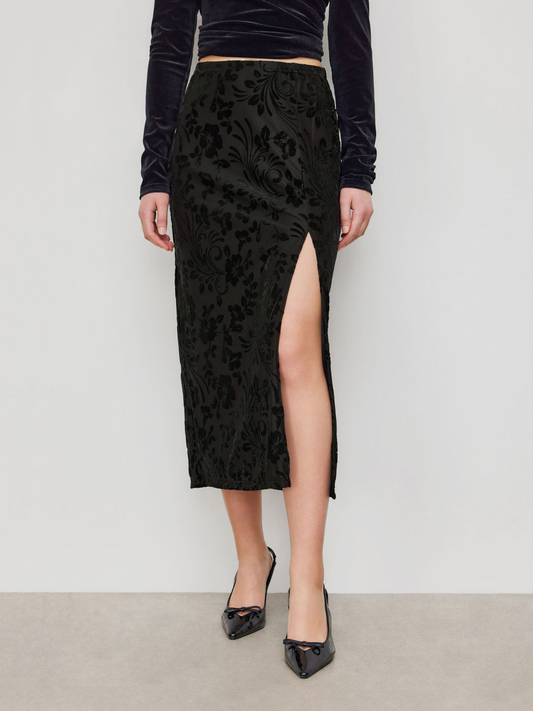 Velvet Mid Rise Floral Split Maxi Skirt