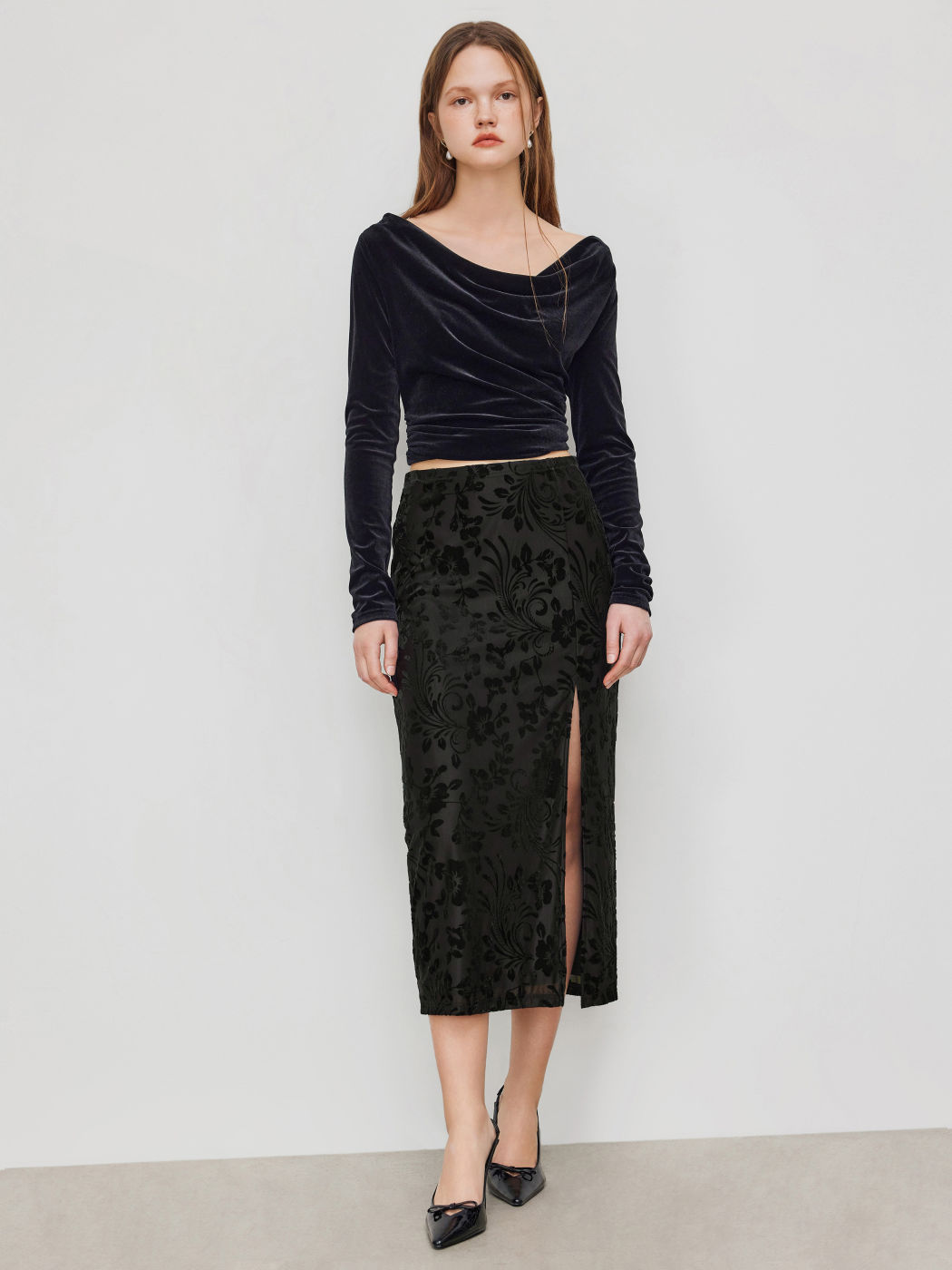 Velvet Mid Rise Floral Split Maxi Skirt