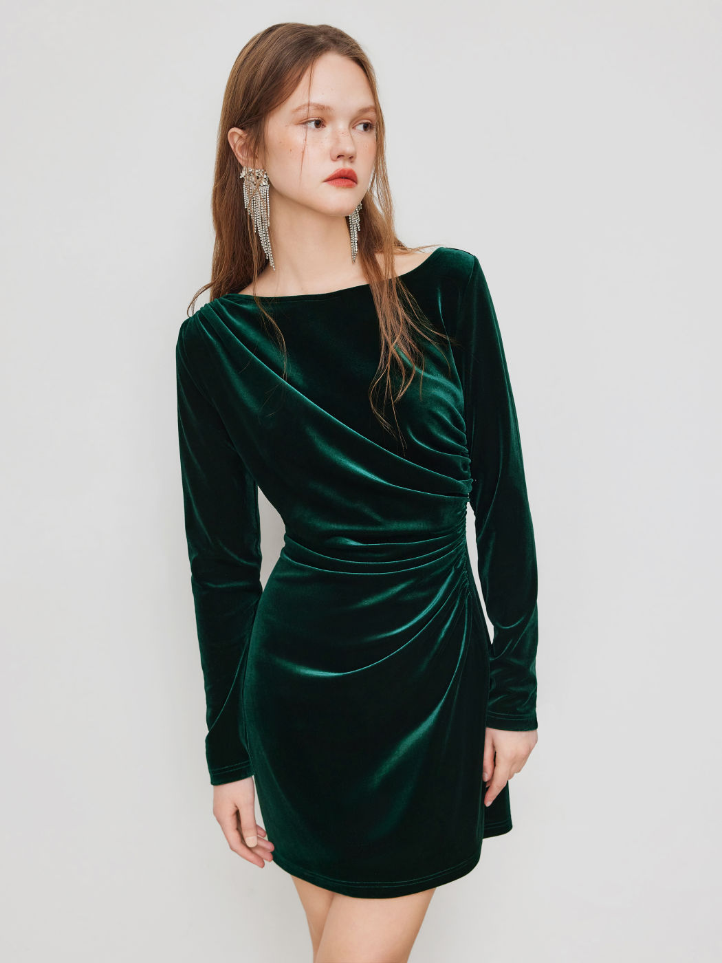 Velvet Boat Neck Ruched Mini Dress