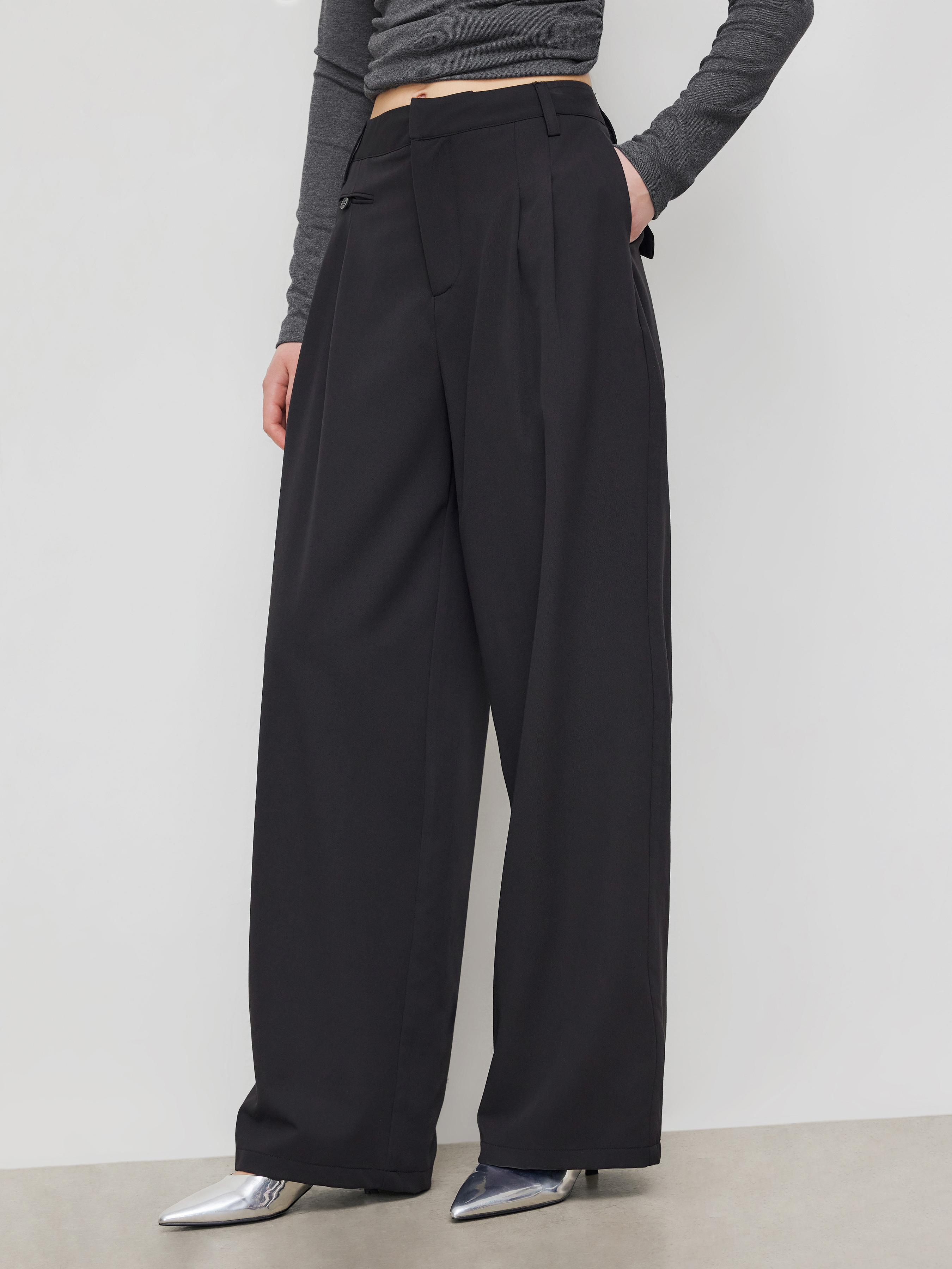 Woven High Rise Pleated Wide Leg Trousers For Work