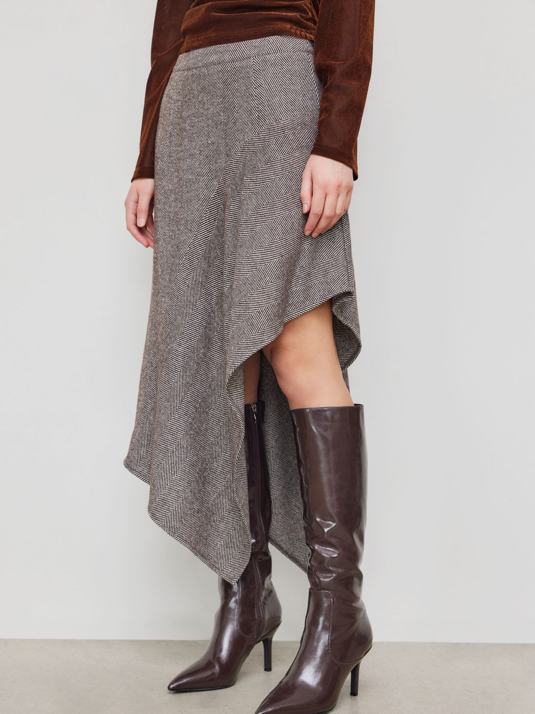 Wool-look Mid Rise Stripes Asymmetrical Ruffle Hem Midi Skirt
