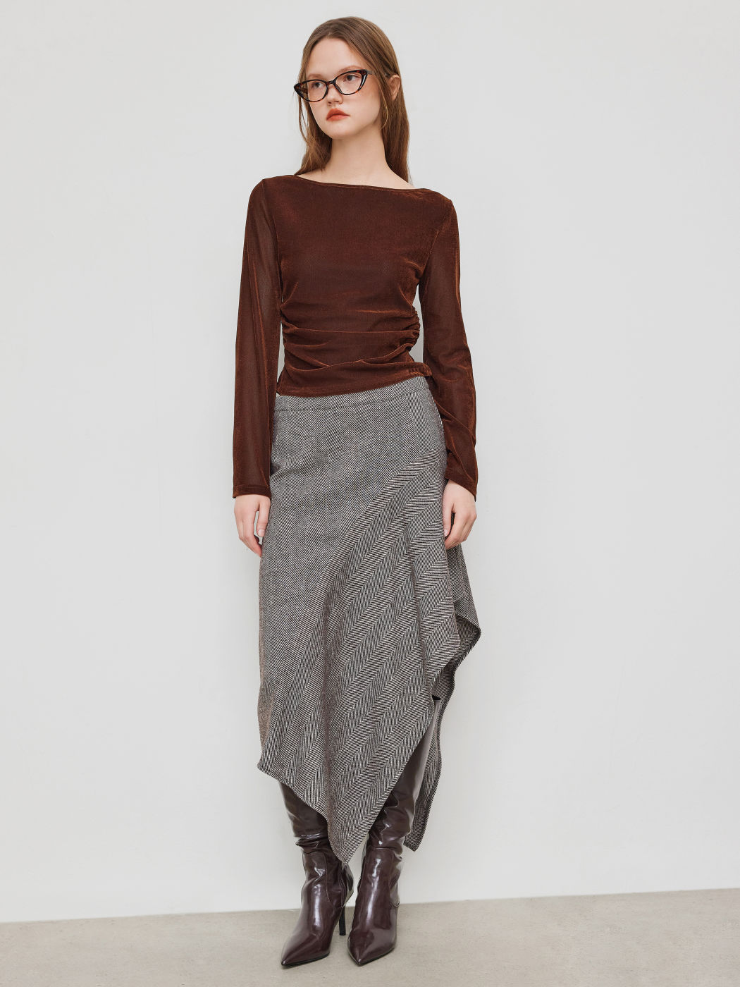 Wool-look Mid Rise Stripes Asymmetrical Ruffle Hem Midi Skirt
