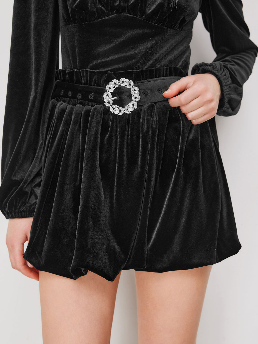 Velvet Mid Rise Bubble Hem Shorts With Belt