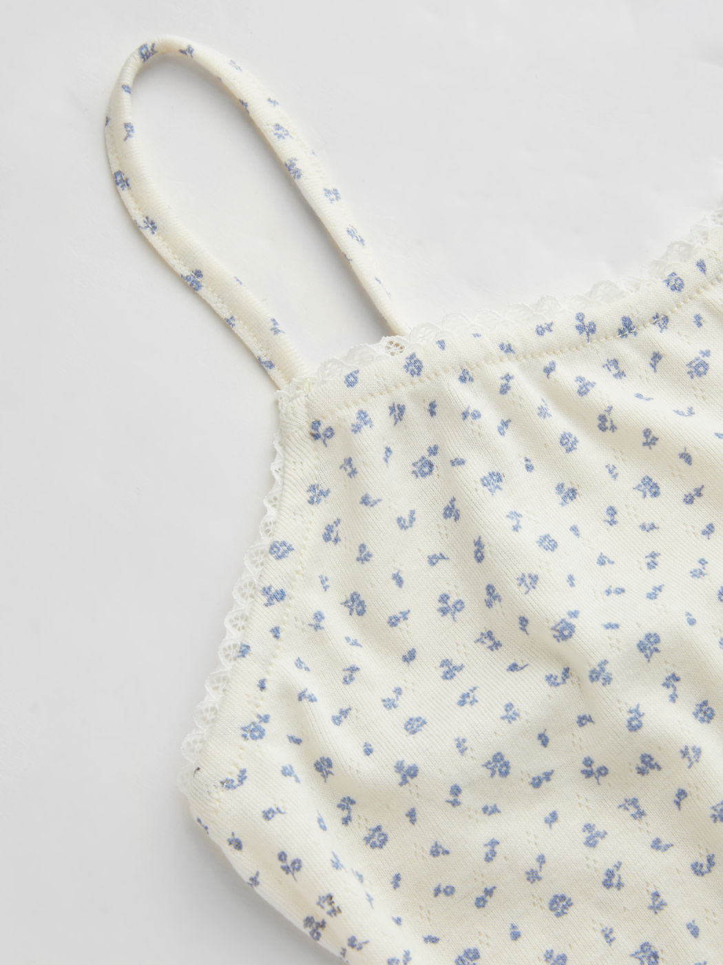 Pointelle U-neckline Floral Lettuce Trim Crop Cami Top