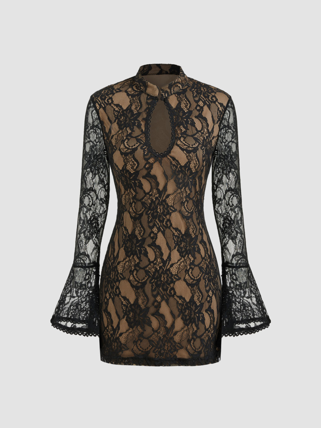 Lace Mandarin Collar Floral Cut Out Mini Dress