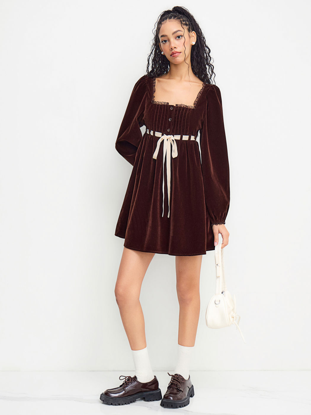 Corduroy Square Neck Knotted Lace Trim Mini Dress