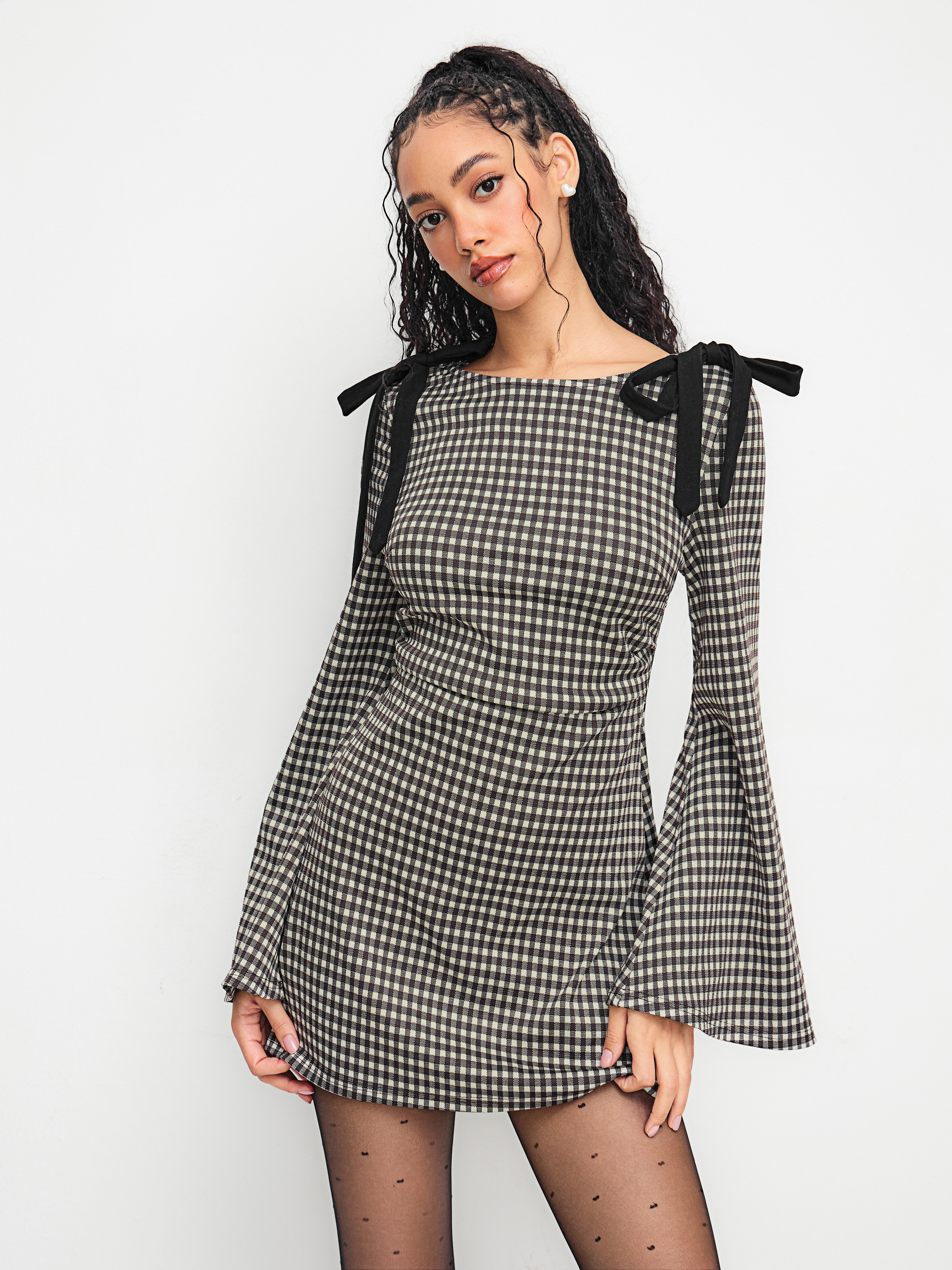 Knit Fabric Cotton-blend Boat Neck Gingham Bowknot Ruched Knit Fabric Cotton-blend Boat Neck Gingham Bowknot Ruched