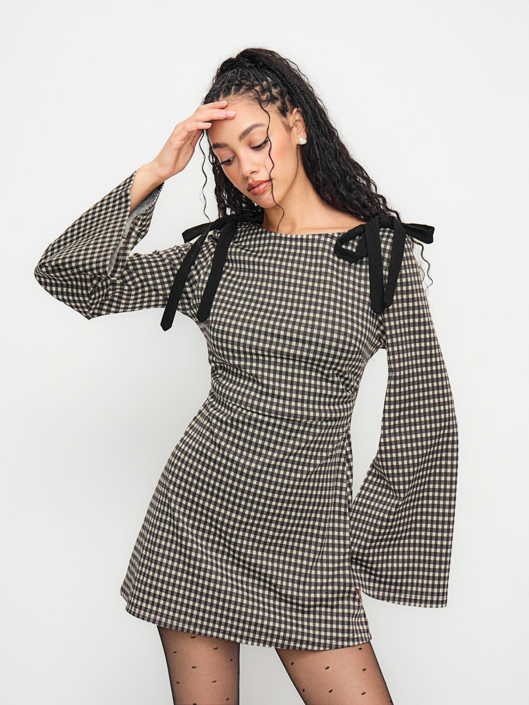 Cotton-blend Boat Neck Gingham Bowknot Ruched Mini Dress