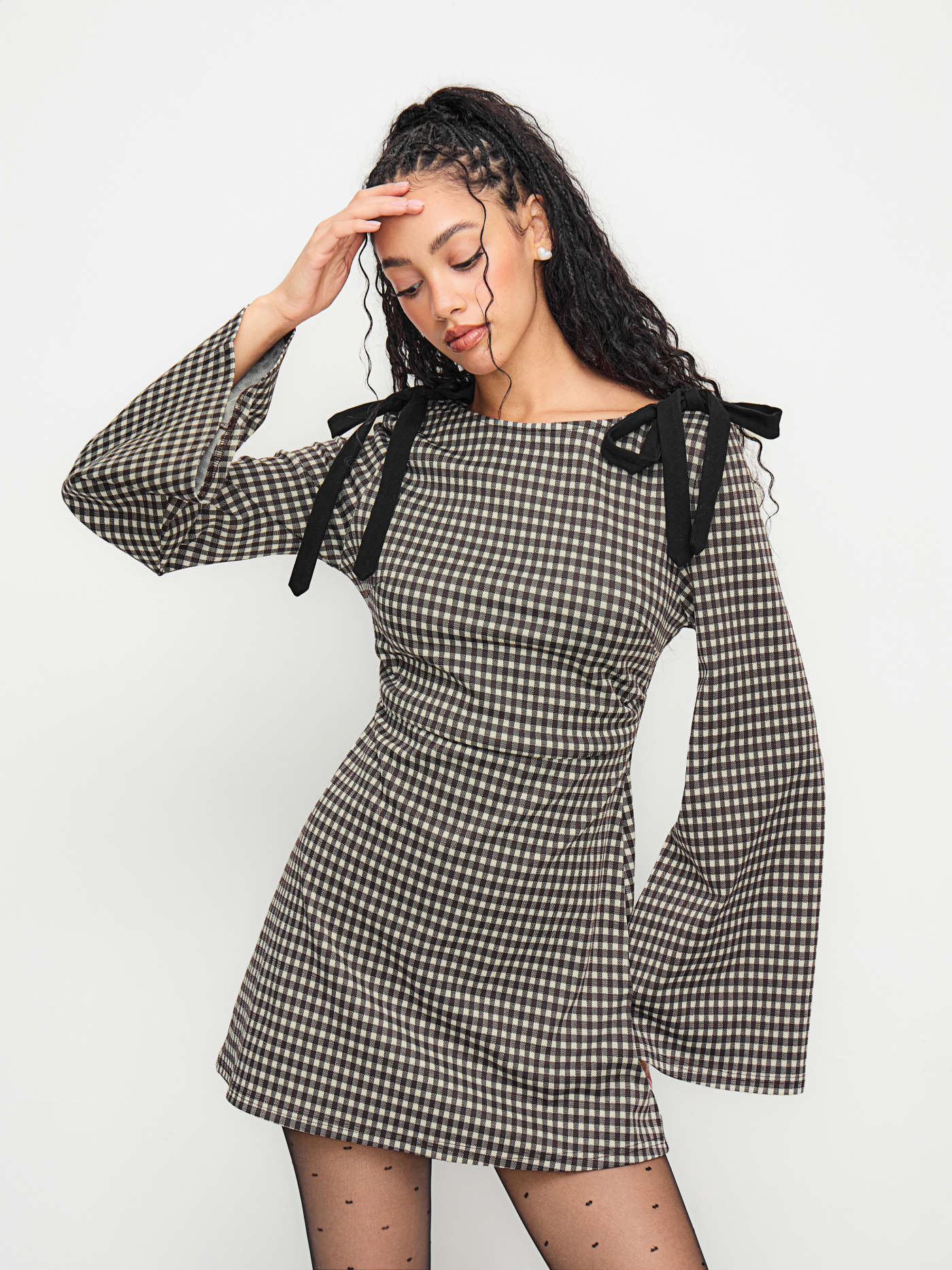 Cotton-blend Boat Neck Gingham Bowknot Ruched MIni Dress