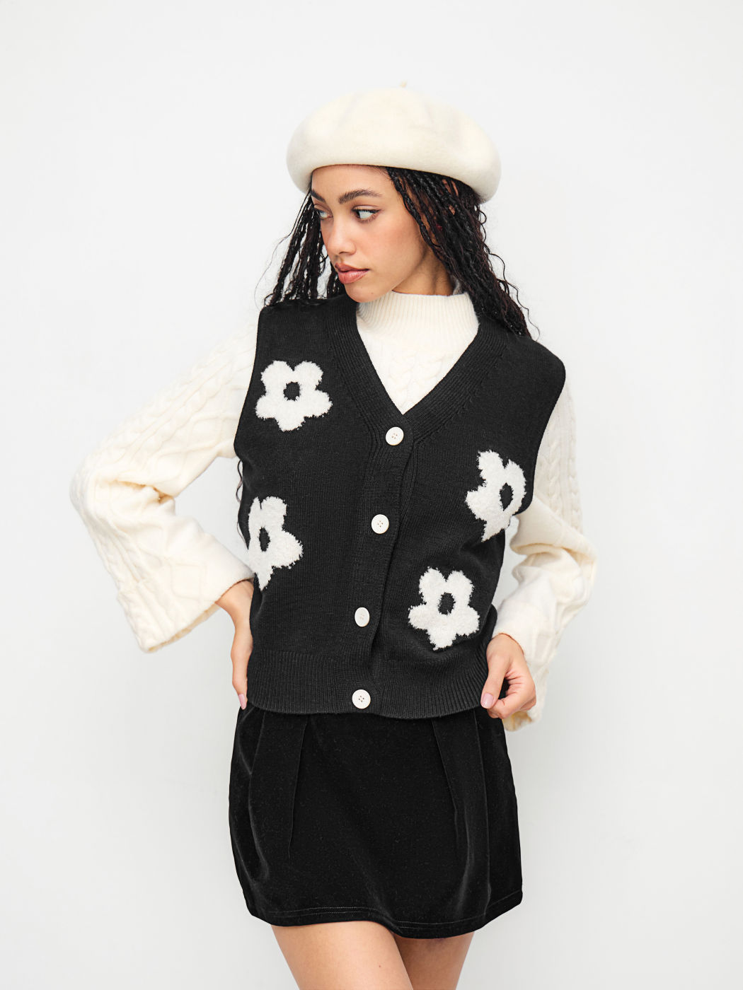 Knit V-neck Floral Colorblock Oversized Vest