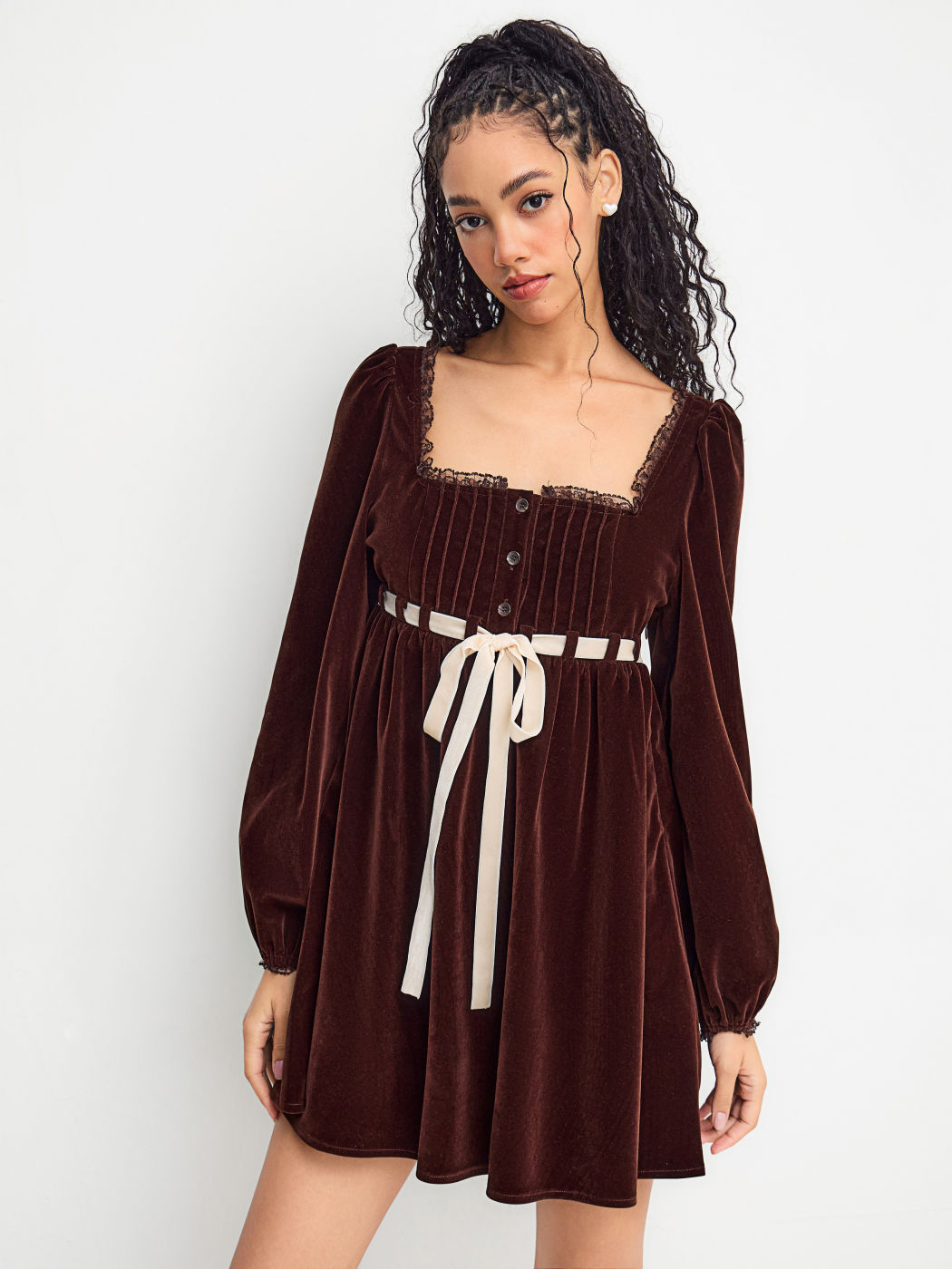 Corduroy Square Neck Knotted Lace Trim Mini Dress