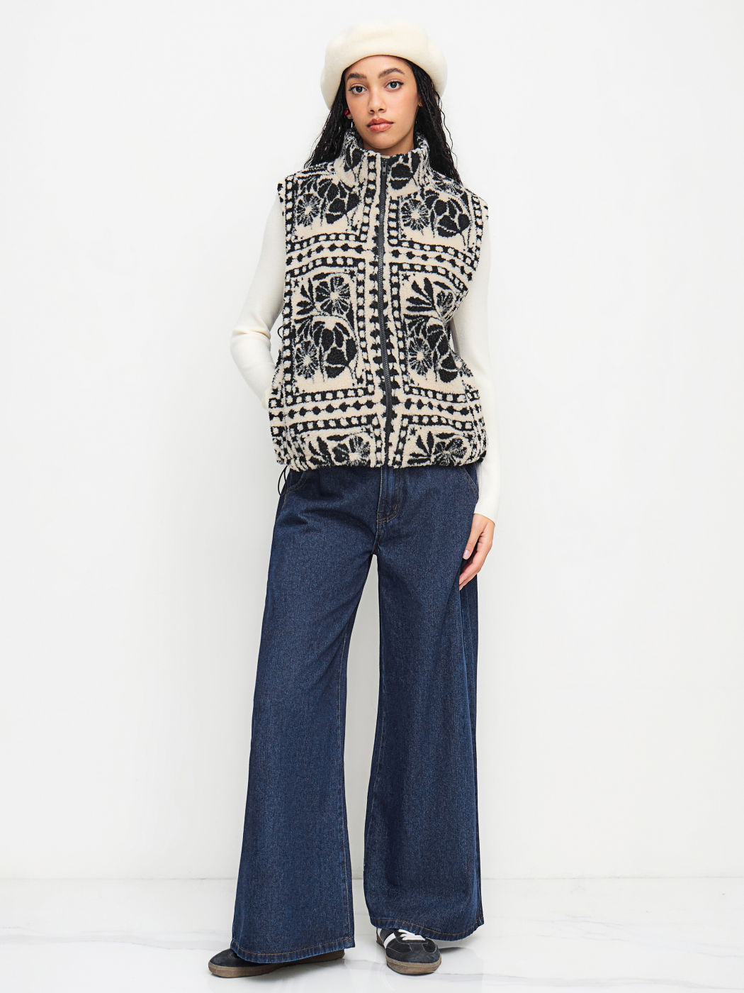 Fleece Funnel Neck Floral Oversized Jacket Vest