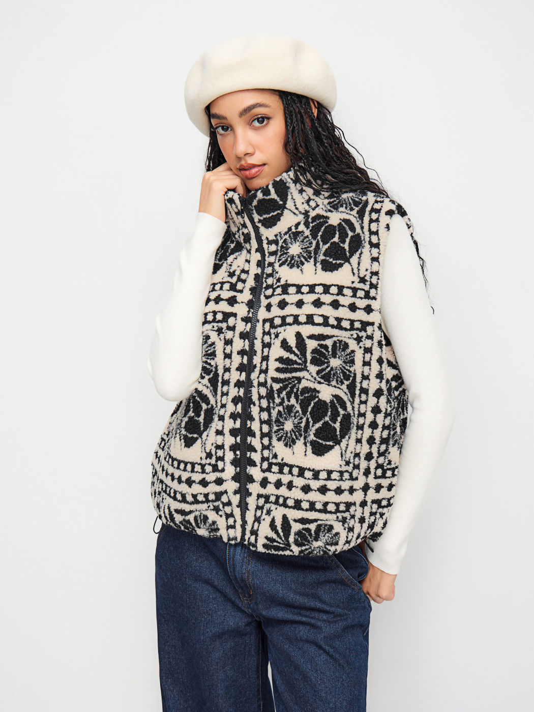 Fleece Funnel Neck Floral Oversized Jacket Vest