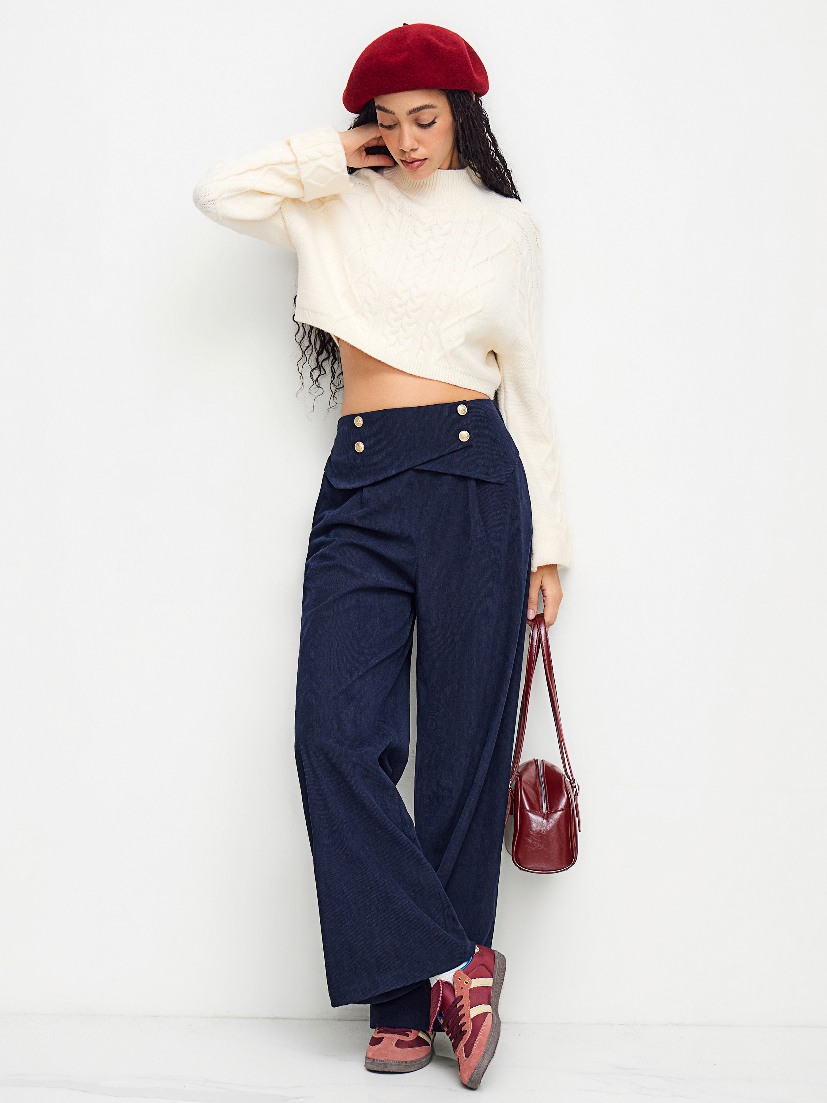 Corduroy Mid Rise Double Breasted Wide Leg Trousers