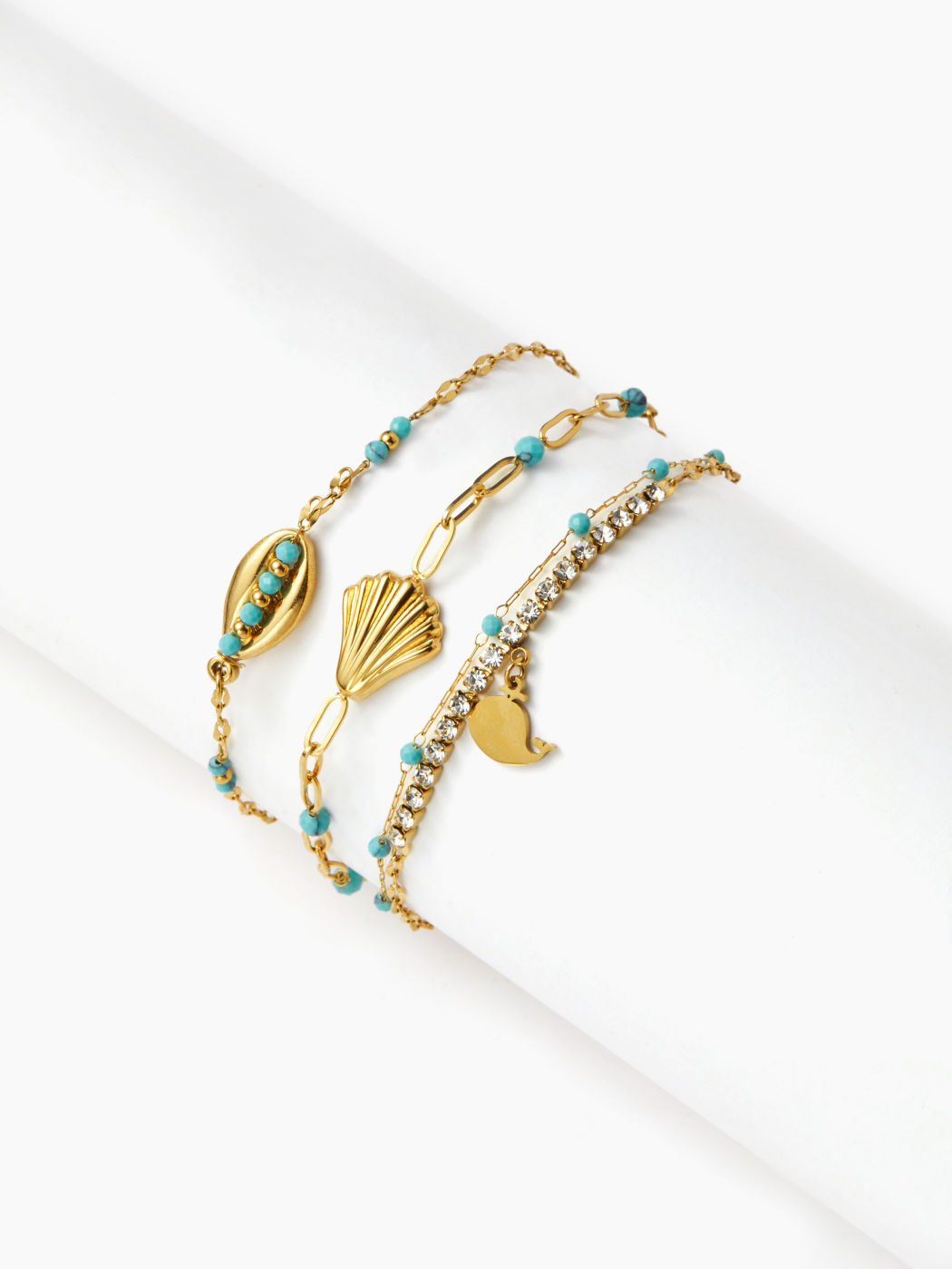 3er-Set Armband aus Edelstahl mit Muschel-, Wal-, Zirkon- und Türkis-Motiven