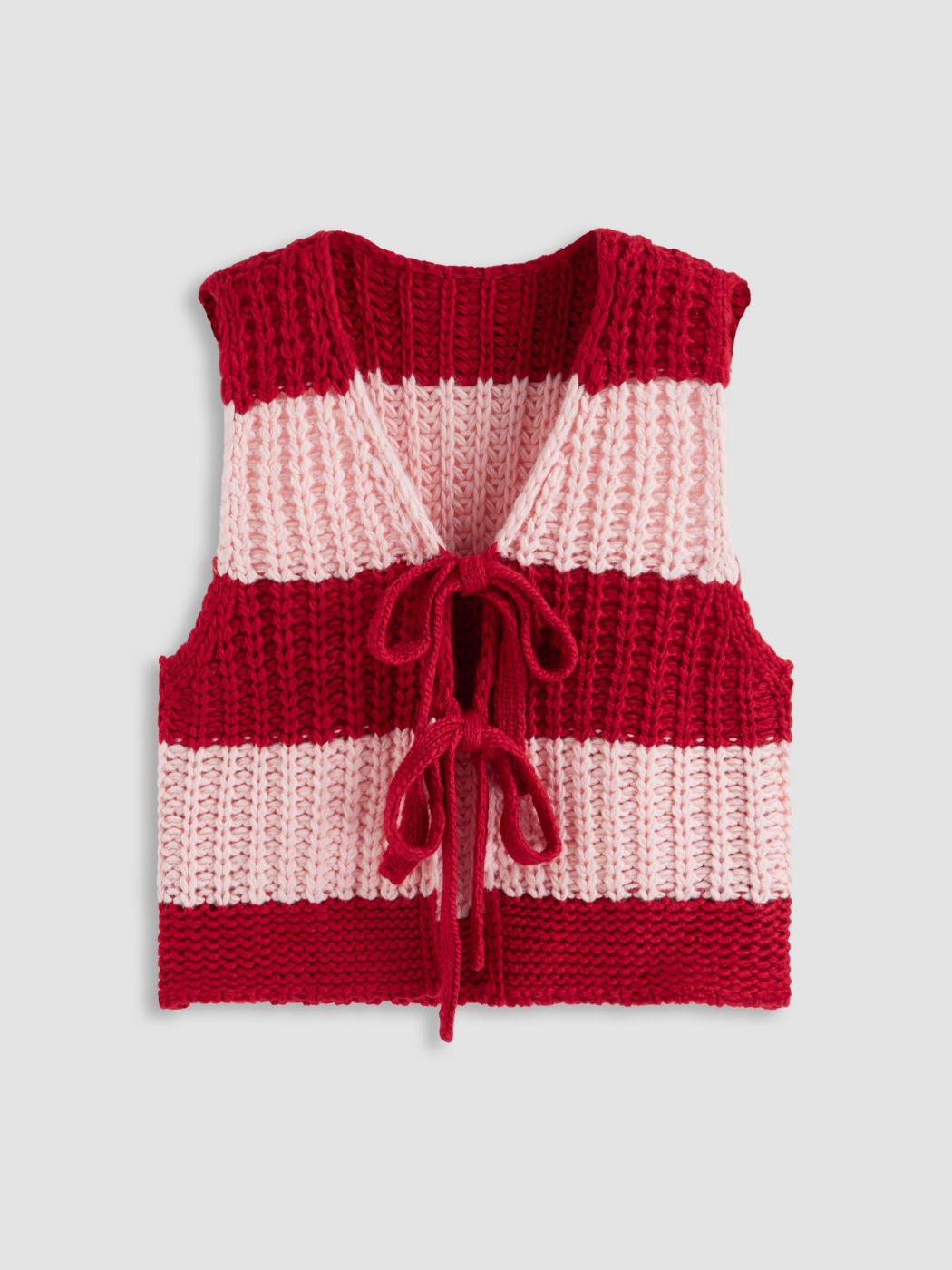 Knit V-neck Two Tone Striped Tie Front Bow Oversized Vest