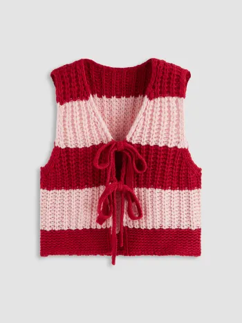 Knit V-neck Two Tone Striped Tie Front Bow Oversized Vest