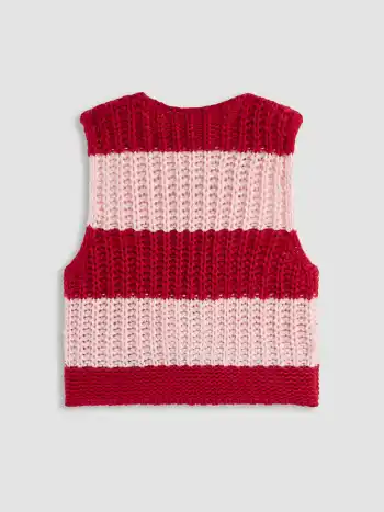 Knit V-neck Two Tone Striped Tie Front Bow Oversized Vest
