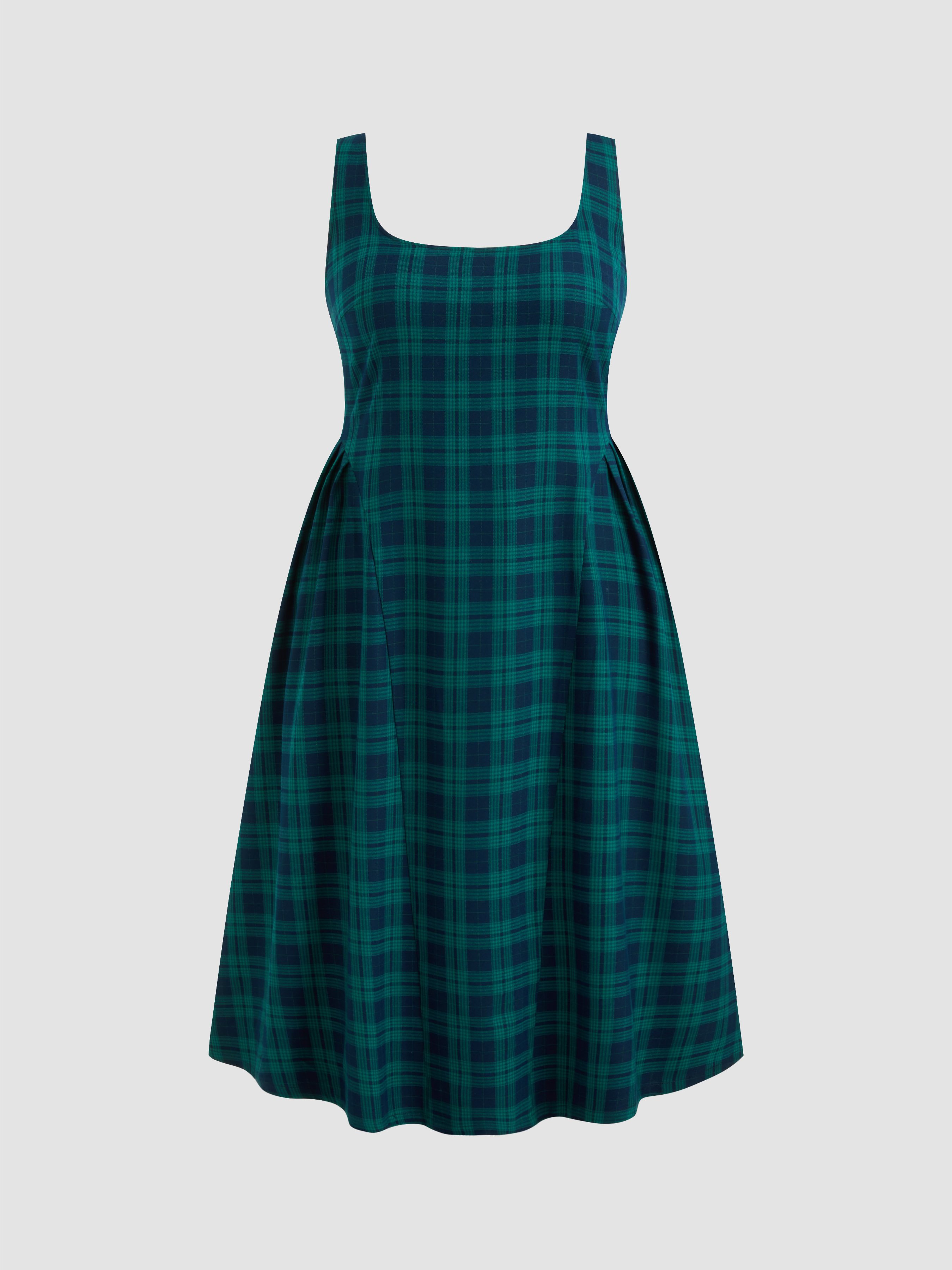 slim fit dress slacks 100% Cotton Forest Green Plaid Mini Dress - All Dresses main image 1