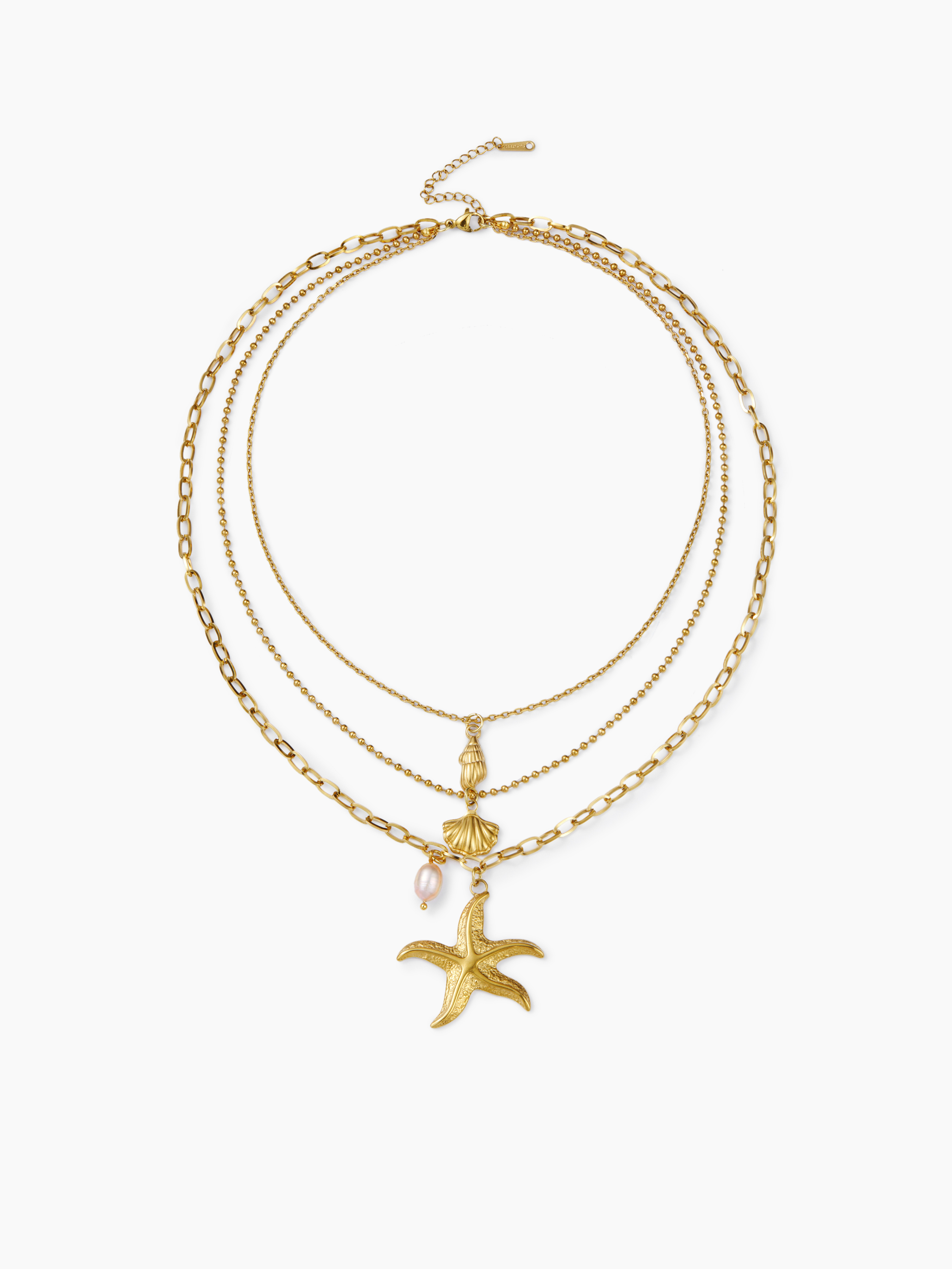  MULTI-LAYERED STARFISH & SHELL & CONCH & FAUX PEARL STAINLESS STEEL NECKLACE