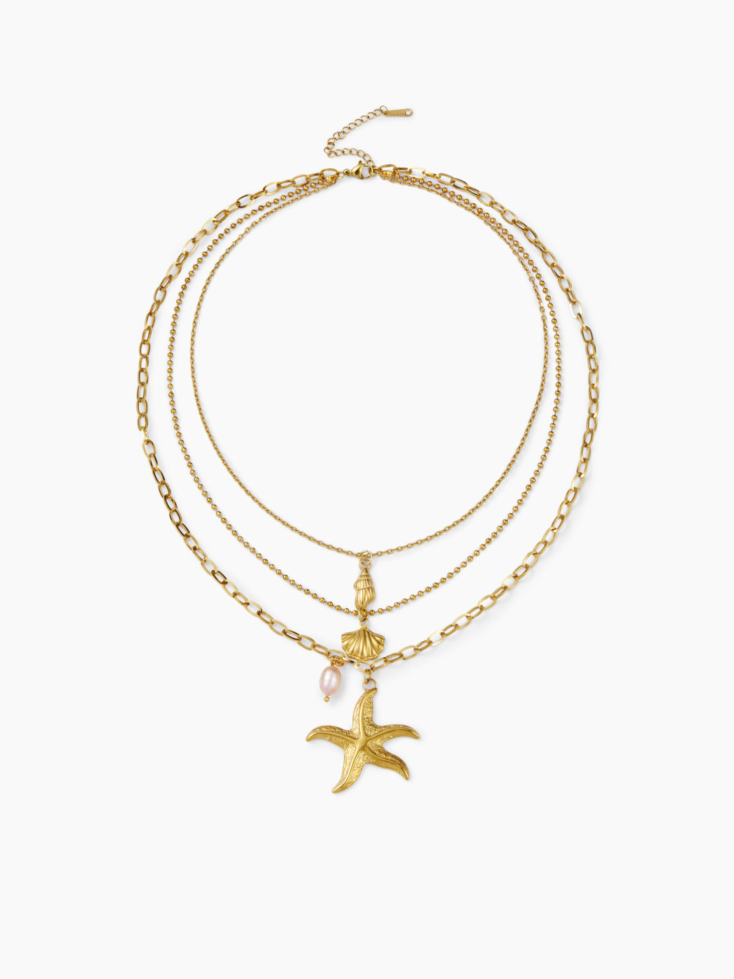  MULTI-LAYERED STARFISH & SHELL & CONCH & FAUX PEARL STAINLESS STEEL NECKLACE