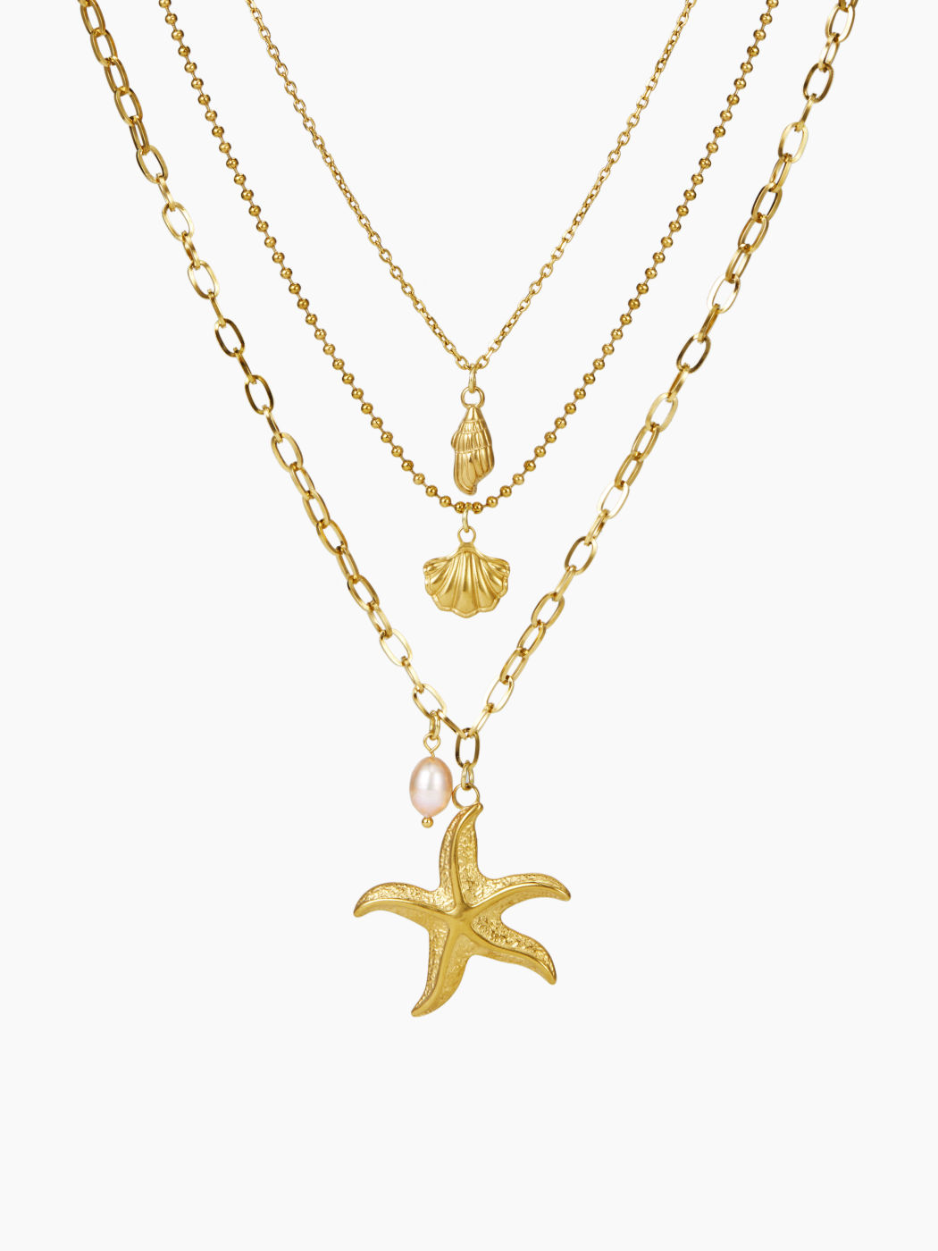 MULTI-LAYERED STARFISH & SHELL & CONCH & FAUX PEARL STAINLESS STEEL NECKLACE