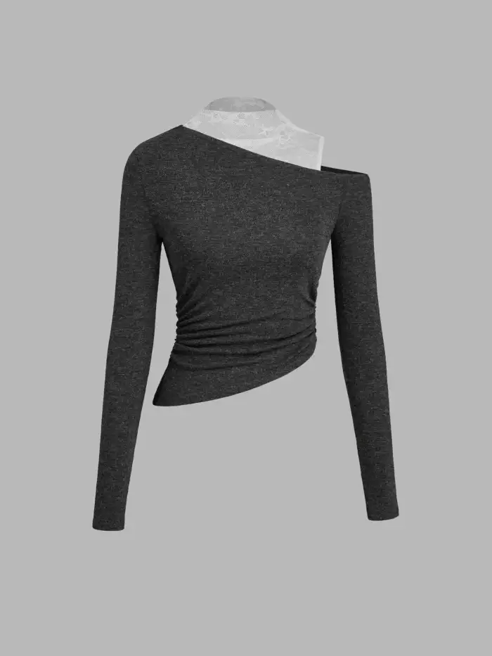 Knit Fabric High Neck Floral Lace Tank Top Asymmetrical Neck