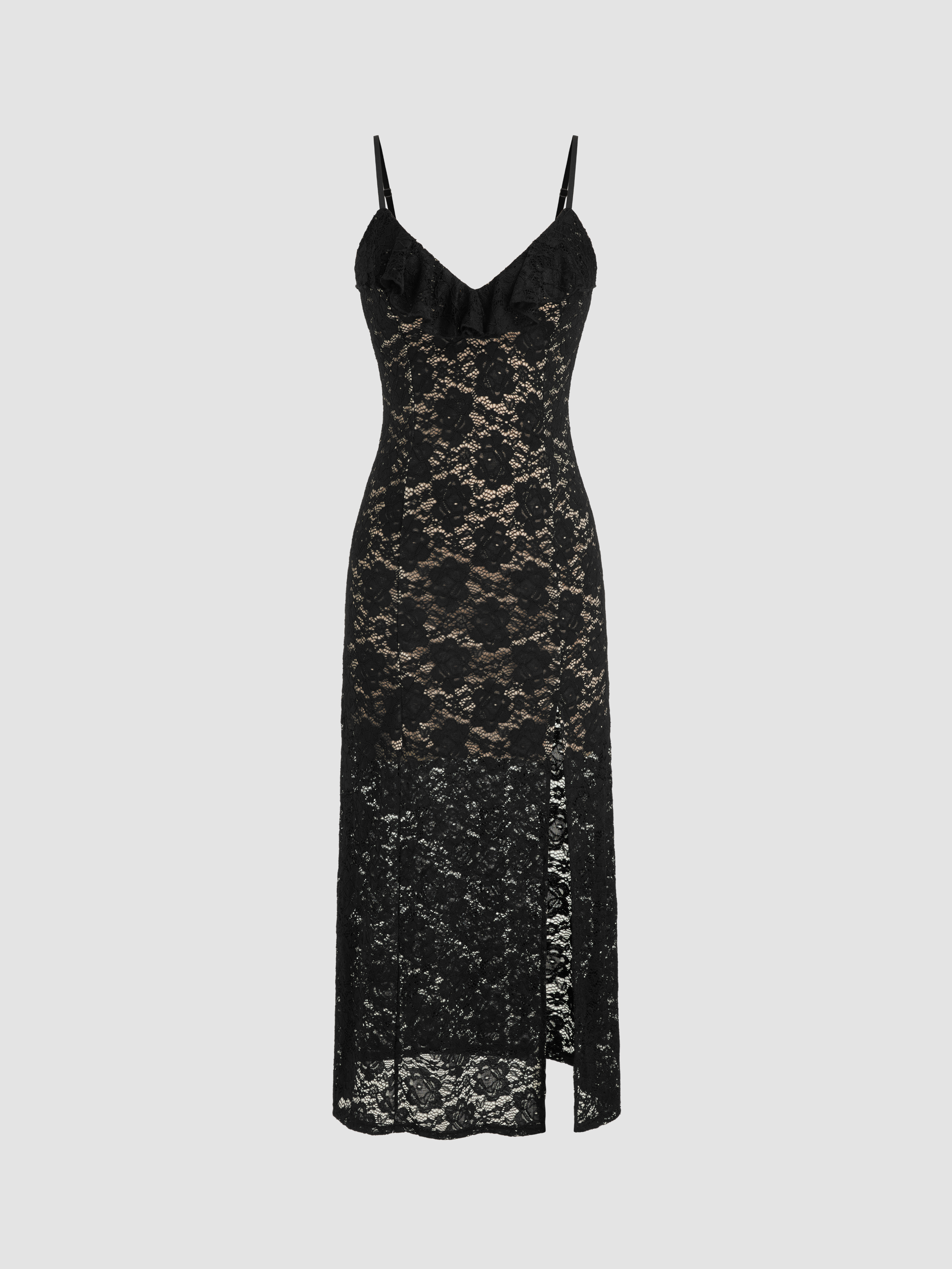 Lace Lace V-neck Floral Split Ruffle Hem Maxi Dress For Date