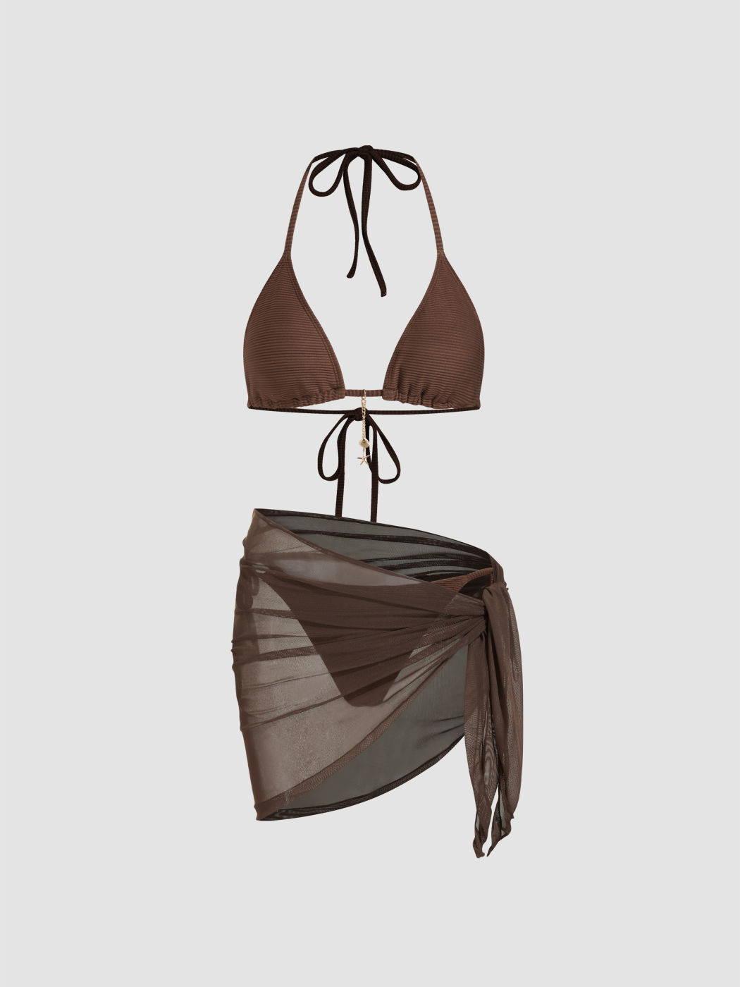 Bikini set con scollo all'americana in tessuto a coste, annodato ai lati e sarong