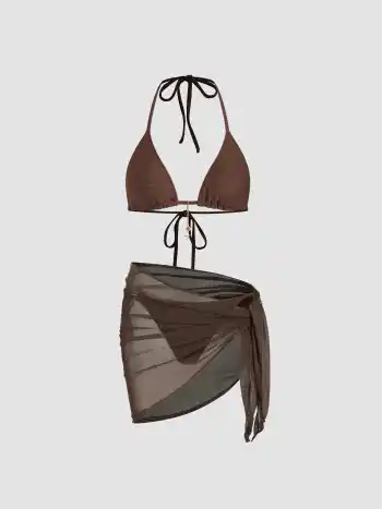 Bikini set con scollo all'americana in tessuto a coste, annodato ai lati e sarong
