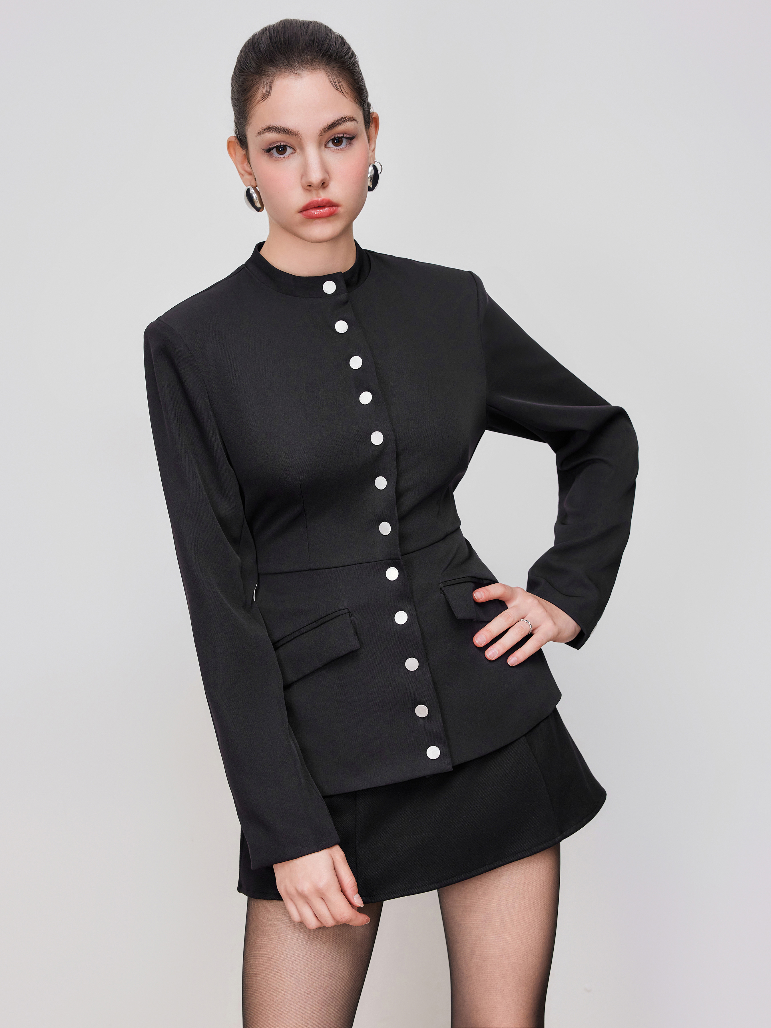 Woven Stand Collar Bowknot Button Up Jacket For Work