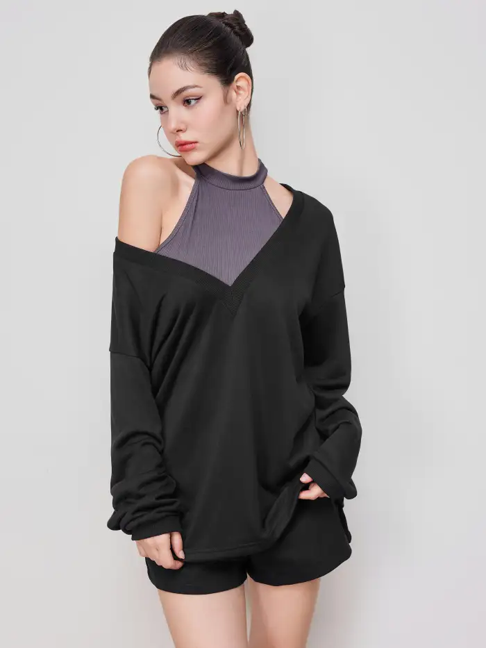 Terry Terry V-neck Long Sleeve Top High Neck Tank Top Set For Work