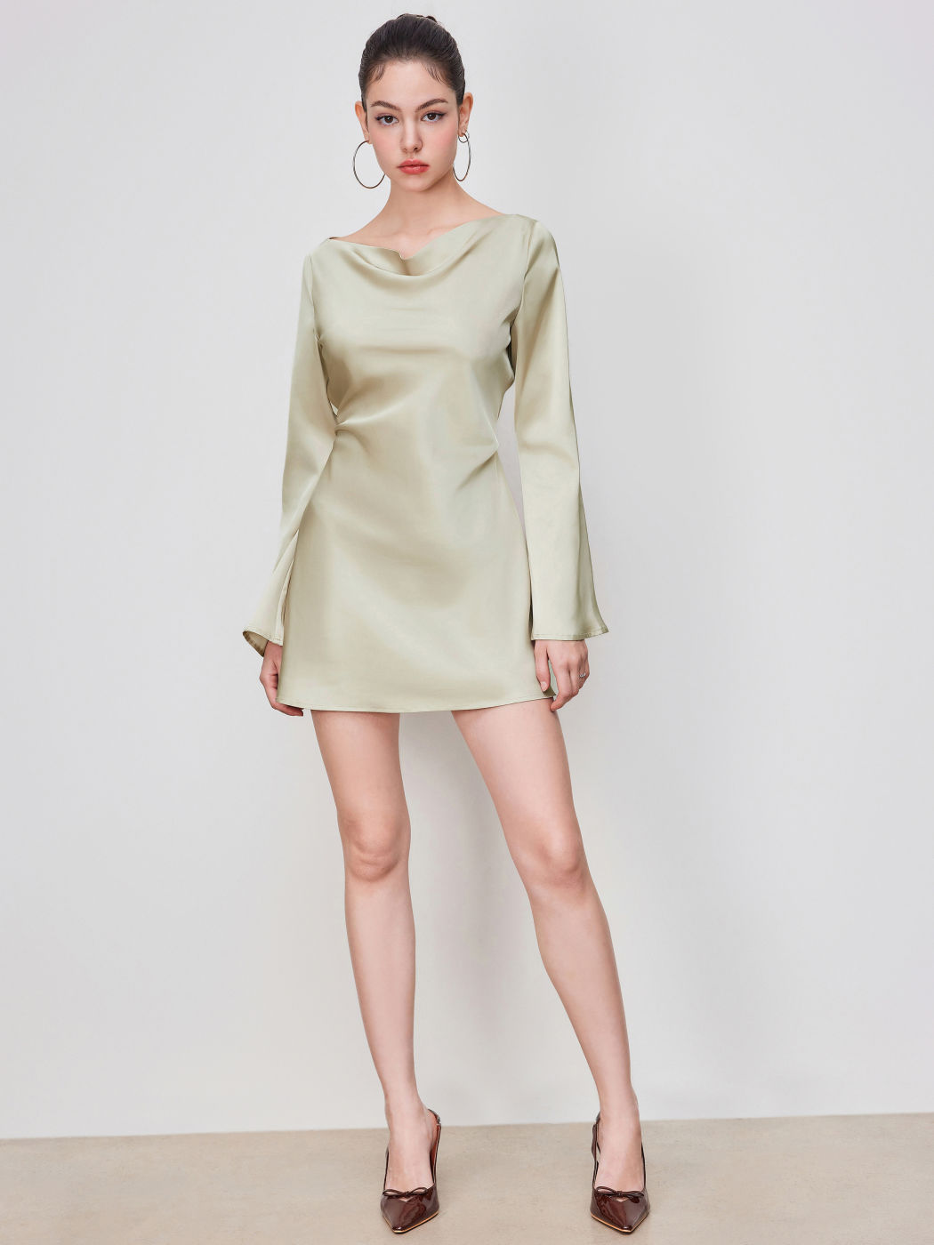 Satin Cowl Neck Knotted Bell Sleeve Mini Dress