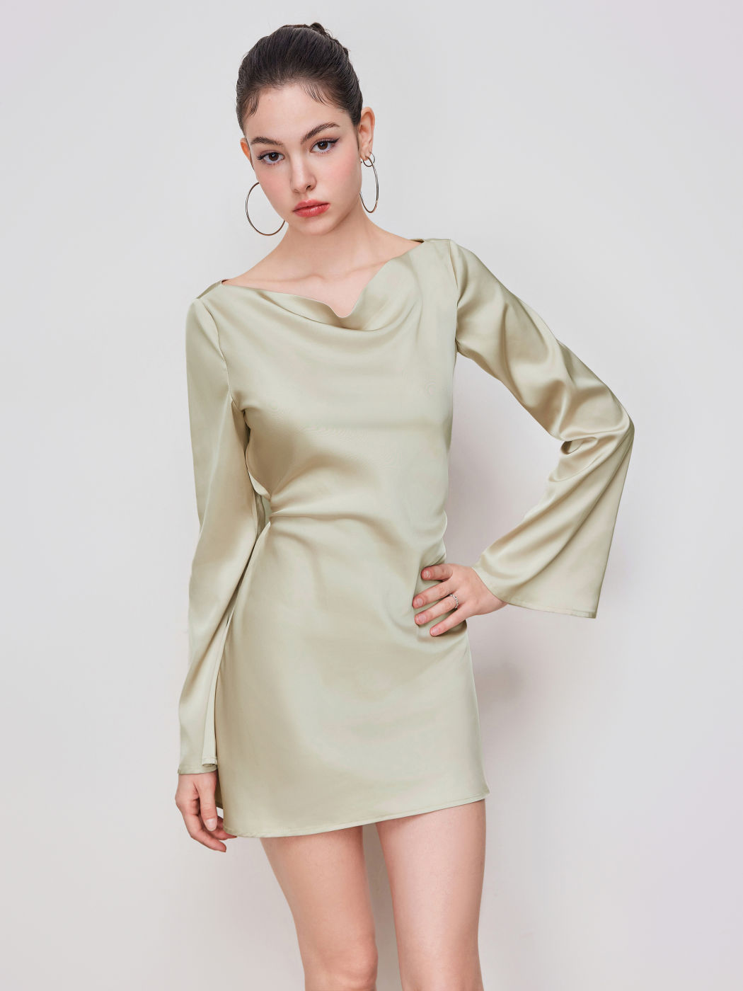 Satin Cowl Neck Knotted Bell Sleeve Mini Dress