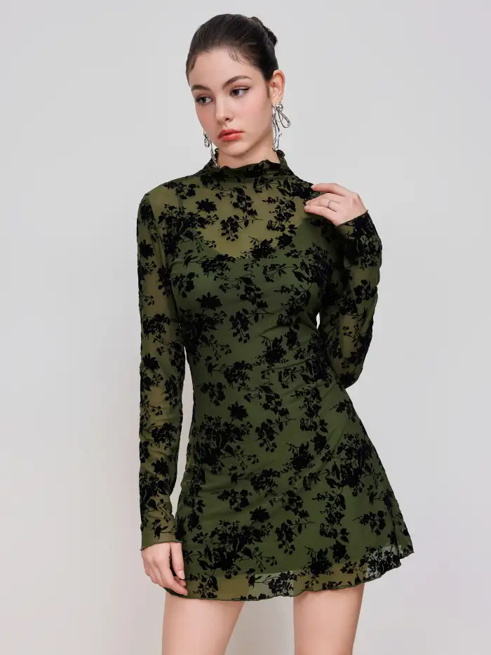 knee length dresses for ladies Pink Floral High Neck Cap Sleeve Ruffle Mini Dress