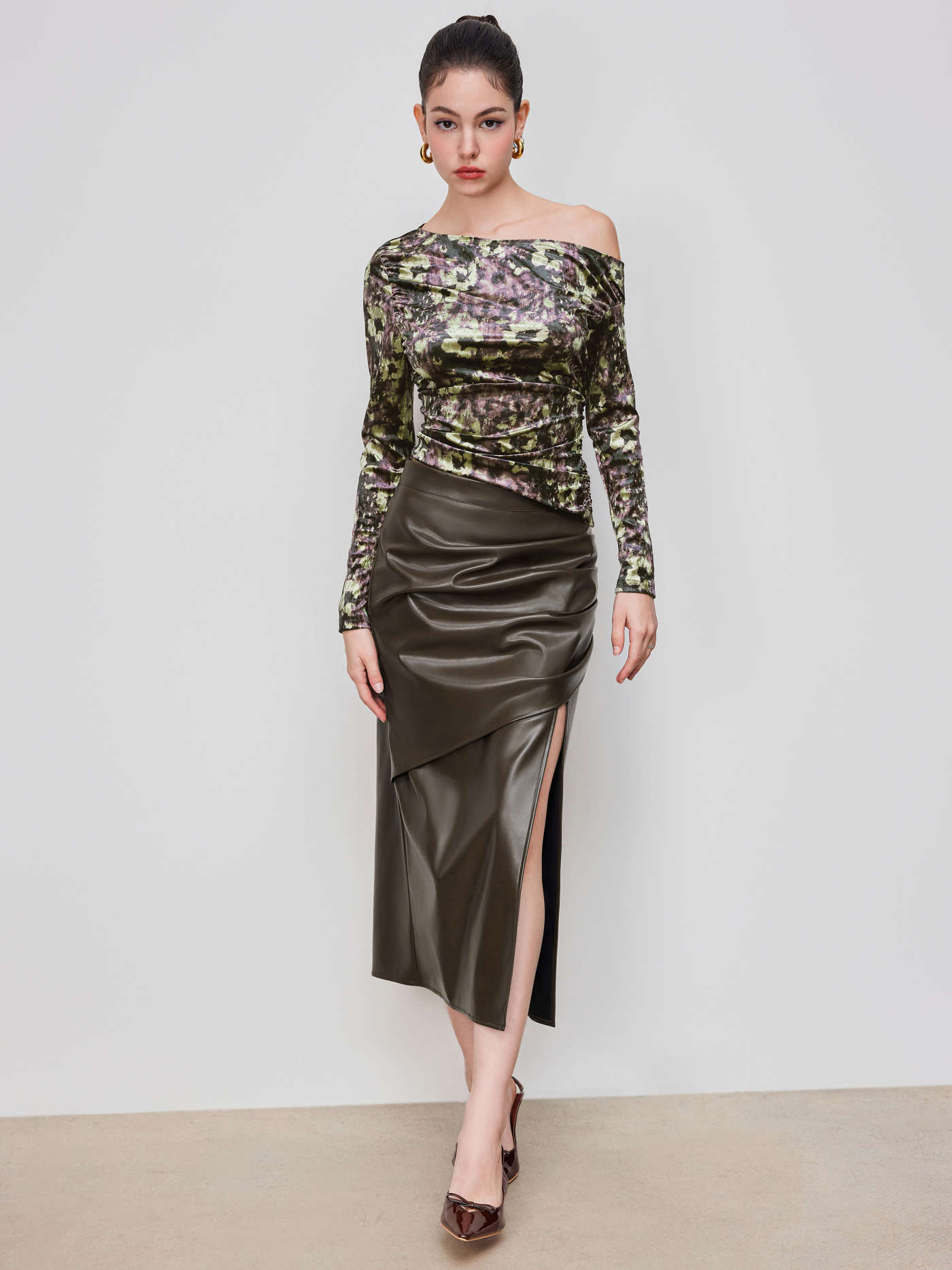 Faux Leather Mid Rise Split Ruched Maxi Skirt