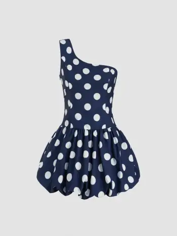 Asymmetrical Neck Polka Dot Bubble Hem Mini Dress