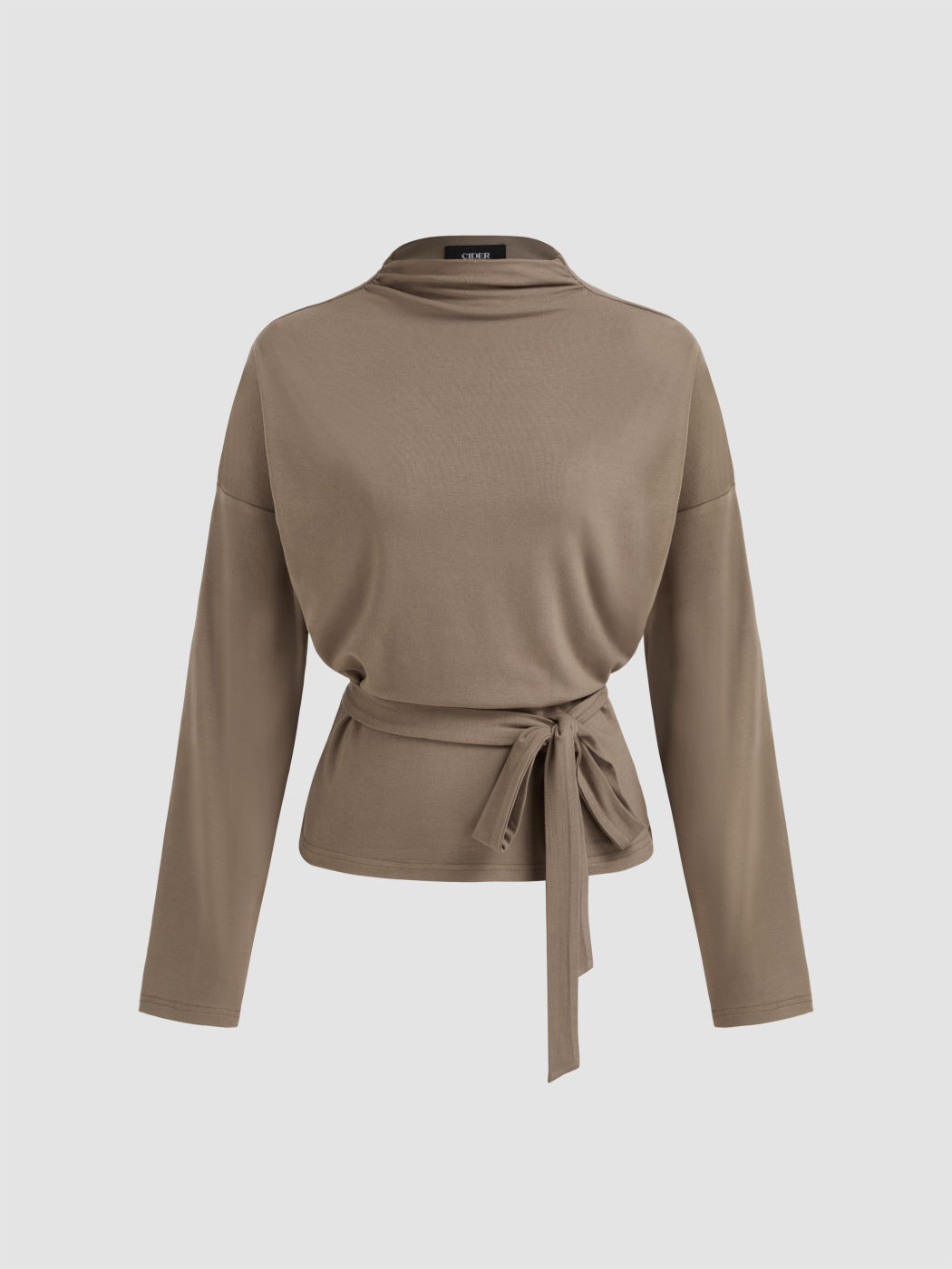 Stand Collar Ruched Knotted Long Sleeve Top